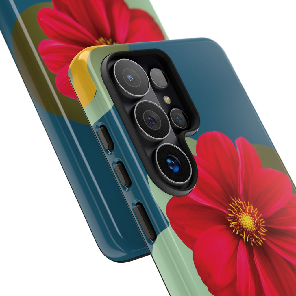 Floral Burst Tough Phone Case — Red Flower on Teal Protective Cover