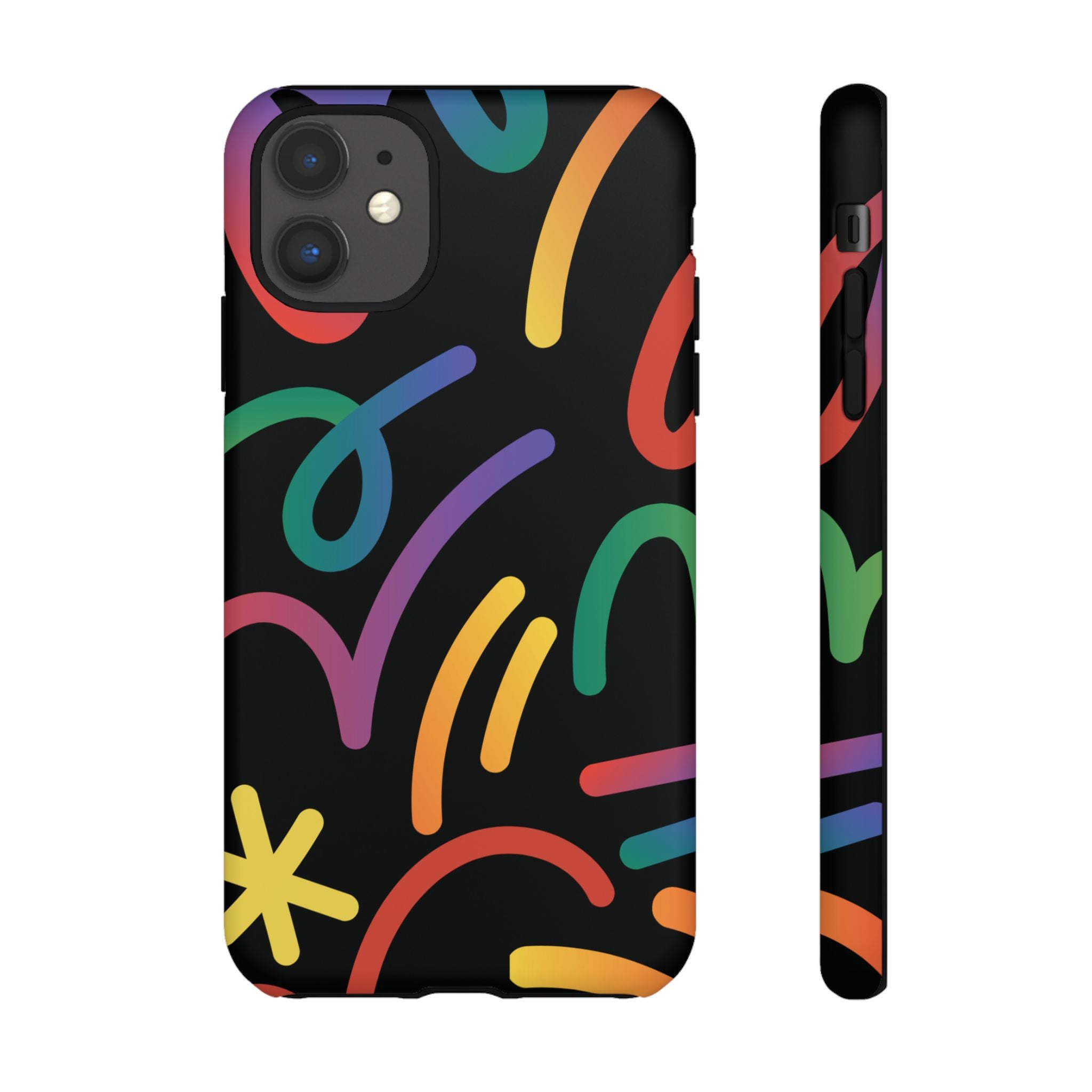 Colorful Doodle Tough Phone Case — Black Background Protective Cover