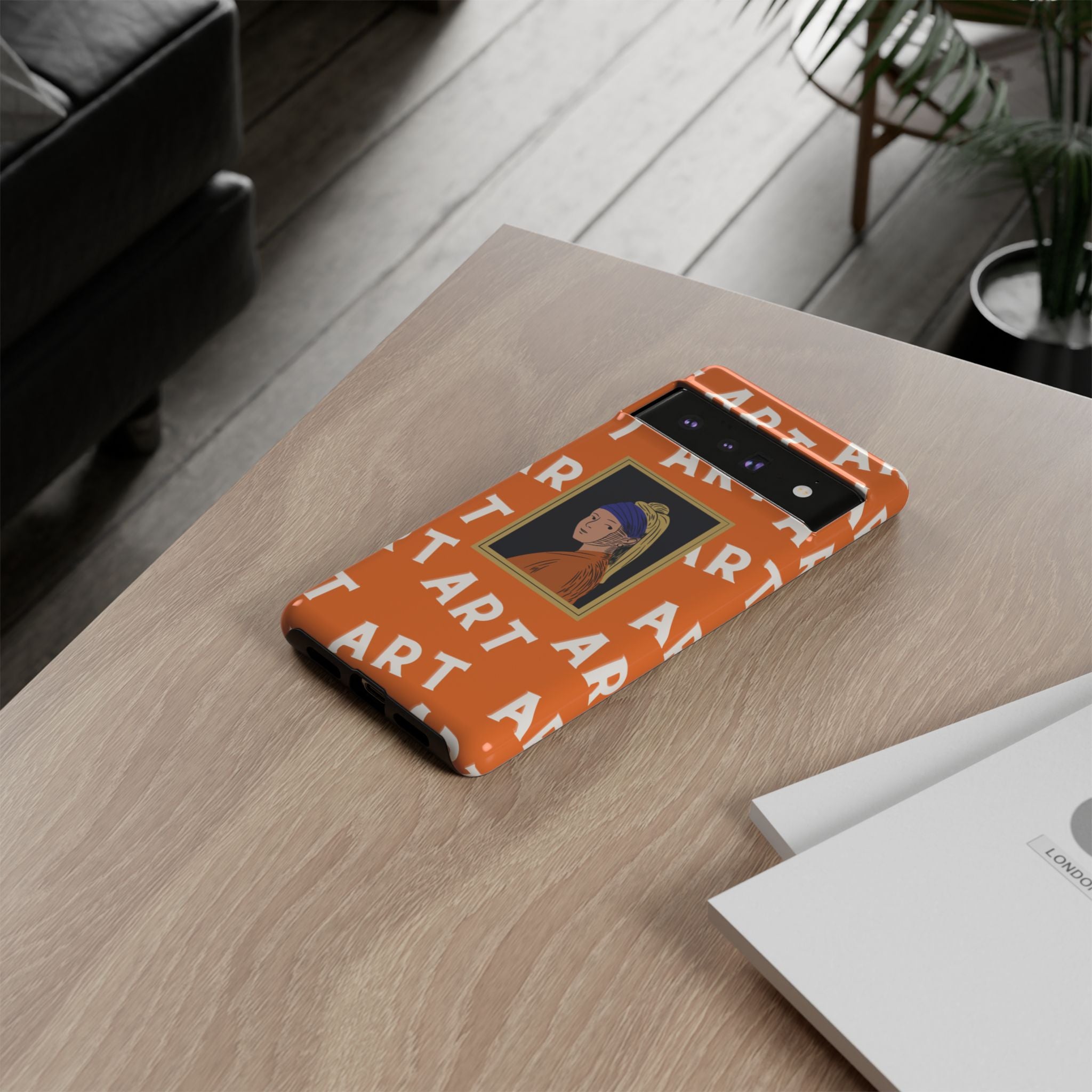 Bold Orange "ART" Pattern with Framed Girl with Pearl Earring Illustration