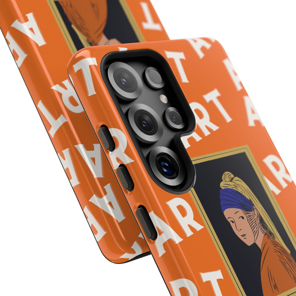Bold Orange "ART" Pattern with Framed Girl with Pearl Earring Illustration
