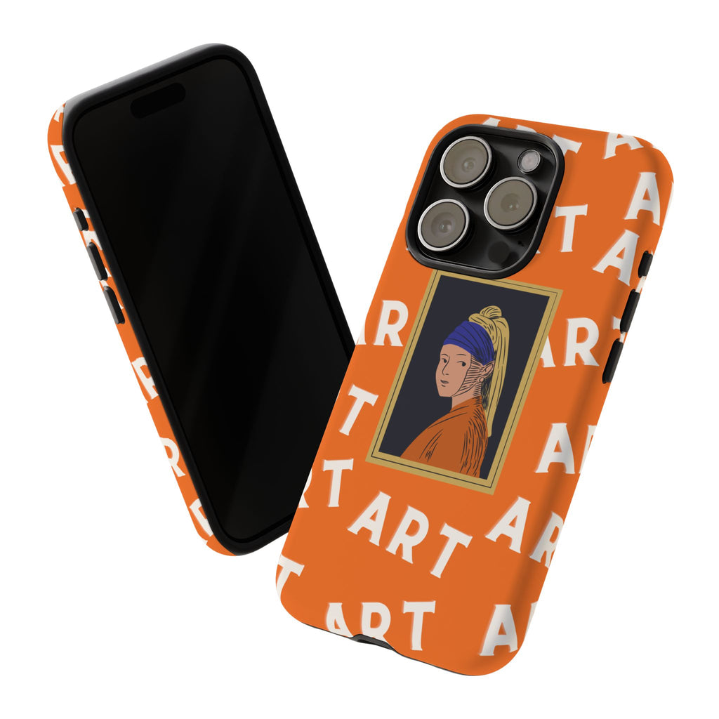 Bold Orange "ART" Pattern with Framed Girl with Pearl Earring Illustration