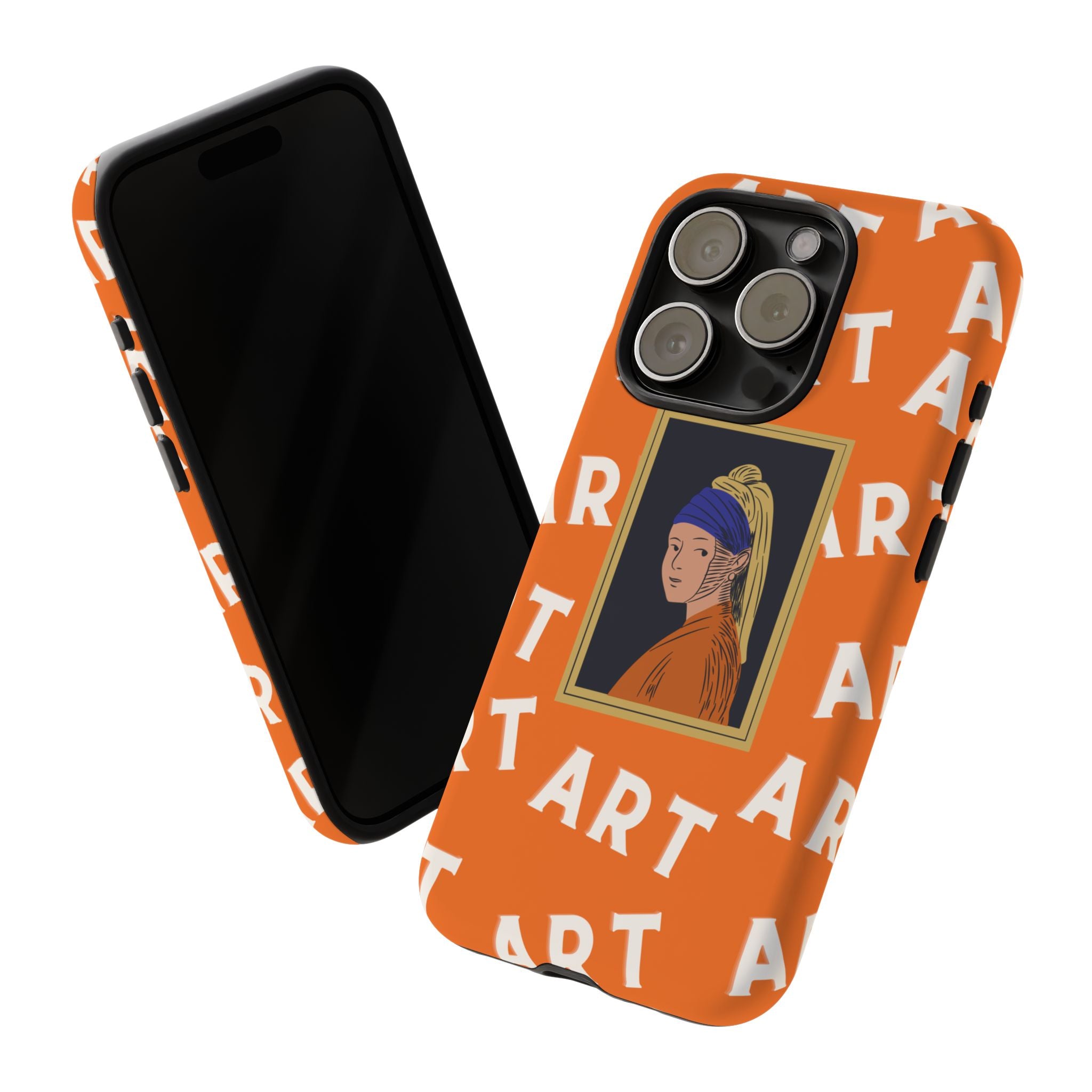 Bold Orange "ART" Pattern with Framed Girl with Pearl Earring Illustration