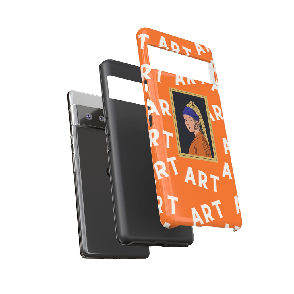 Bold Orange "ART" Pattern with Framed Girl with Pearl Earring Illustration