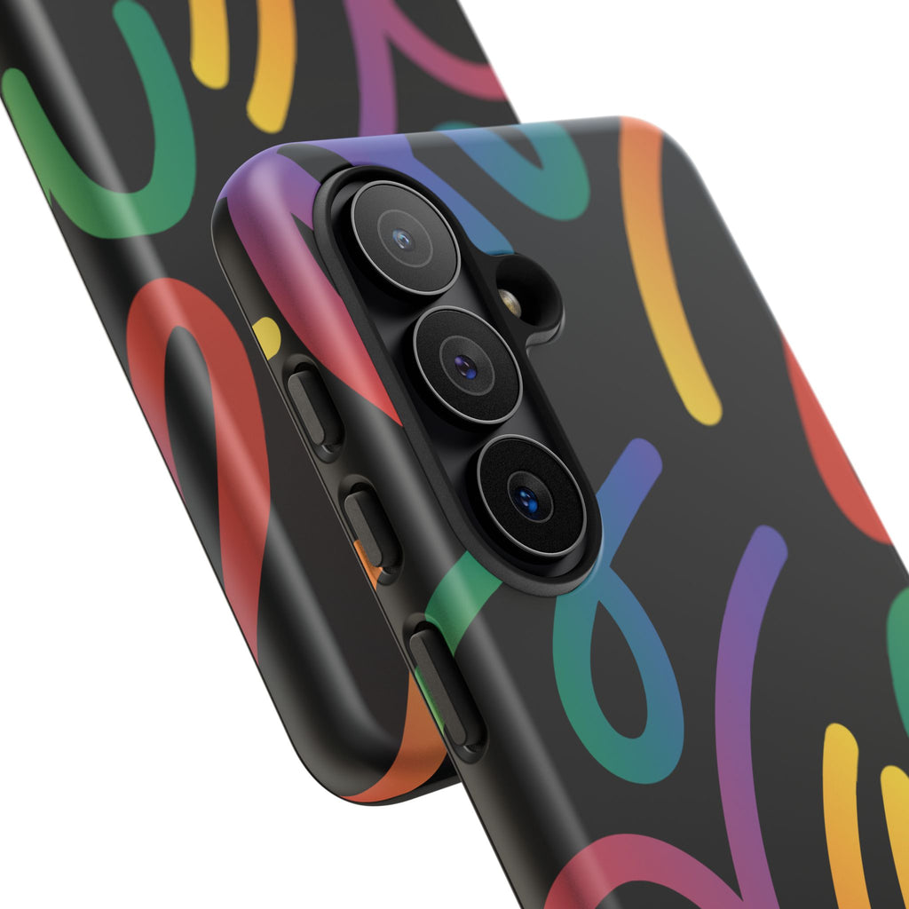 Colorful Doodle Tough Phone Case — Black Background Protective Cover