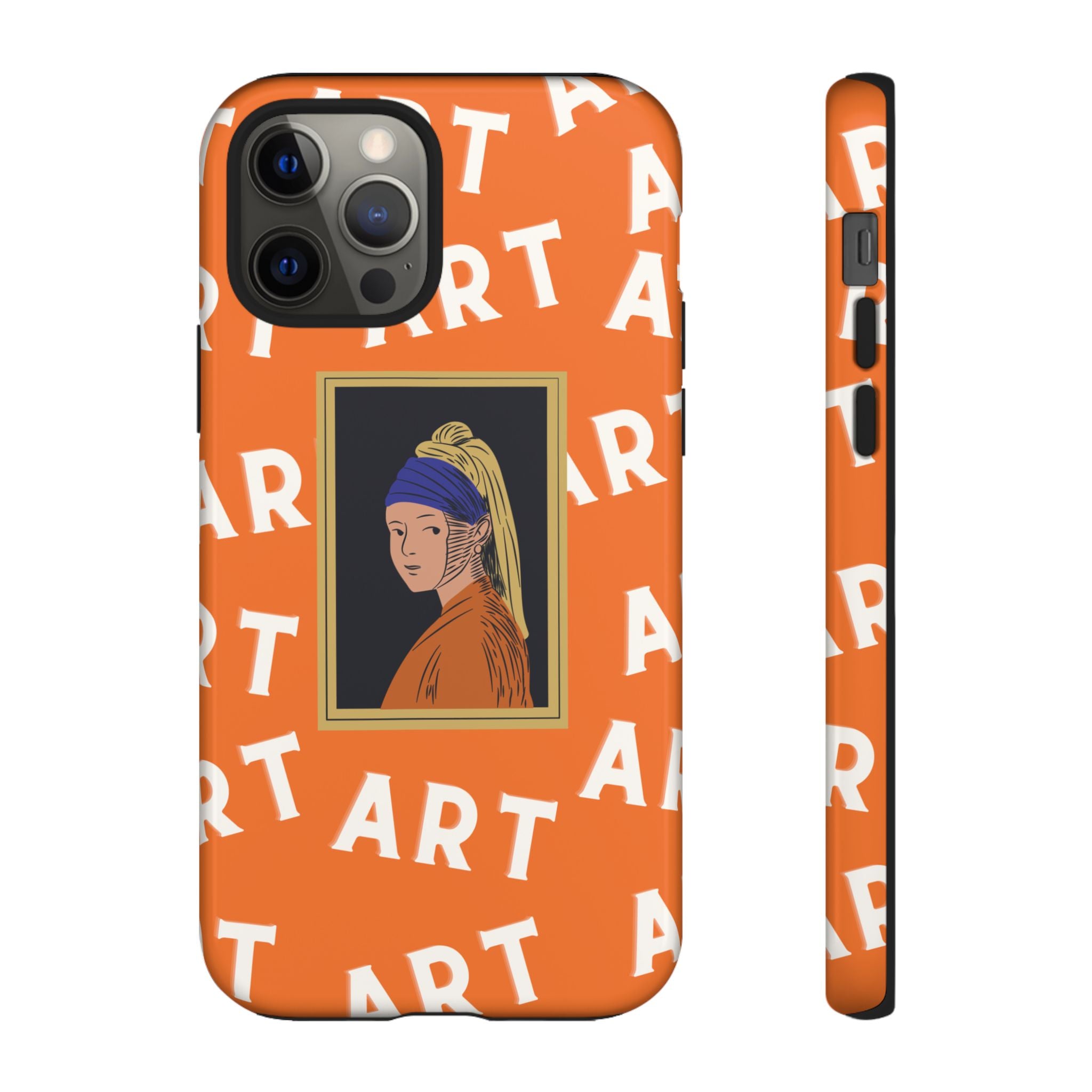 Bold Orange "ART" Pattern with Framed Girl with Pearl Earring Illustration