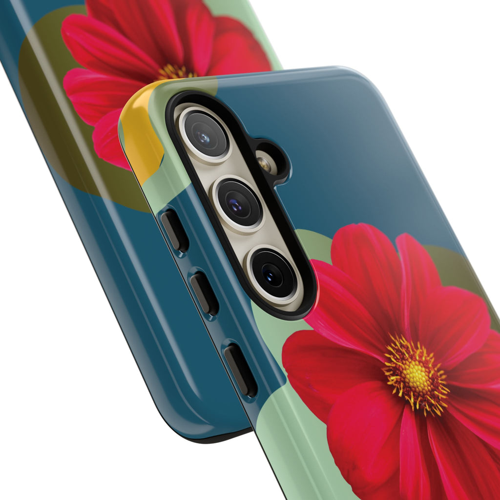 Floral Burst Tough Phone Case — Red Flower on Teal Protective Cover