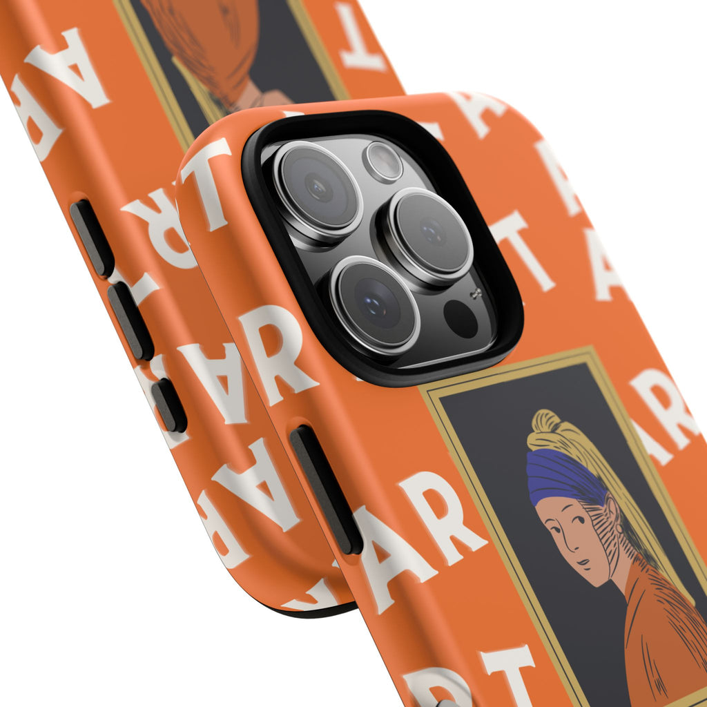 Bold Orange "ART" Pattern with Framed Girl with Pearl Earring Illustration