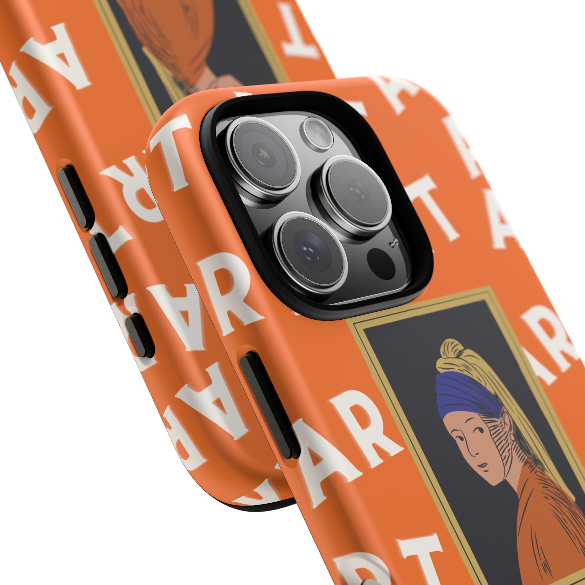 Bold Orange "ART" Pattern with Framed Girl with Pearl Earring Illustration