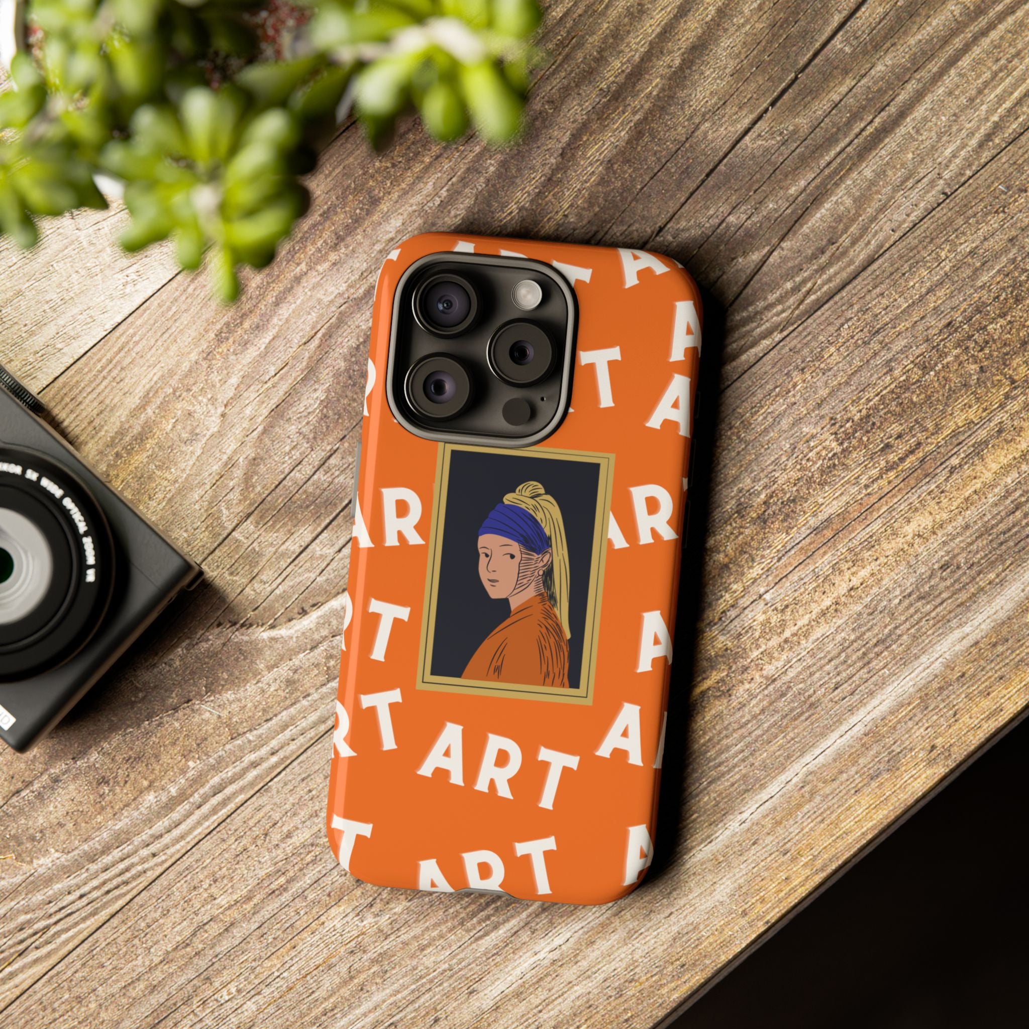 Bold Orange "ART" Pattern with Framed Girl with Pearl Earring Illustration