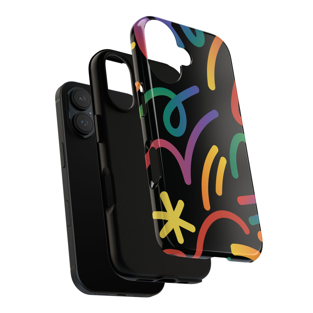Colorful Doodle Tough Phone Case — Black Background Protective Cover