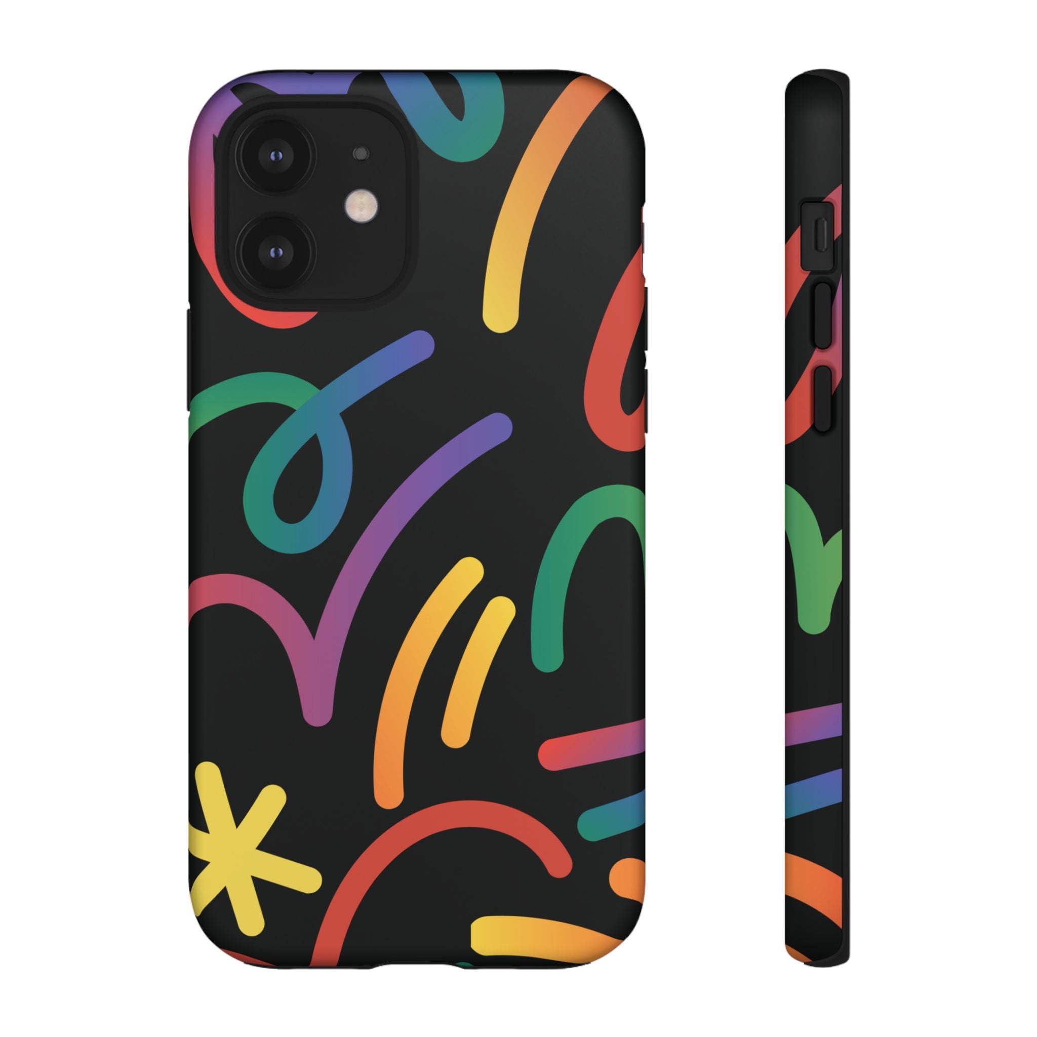 Colorful Doodle Tough Phone Case — Black Background Protective Cover