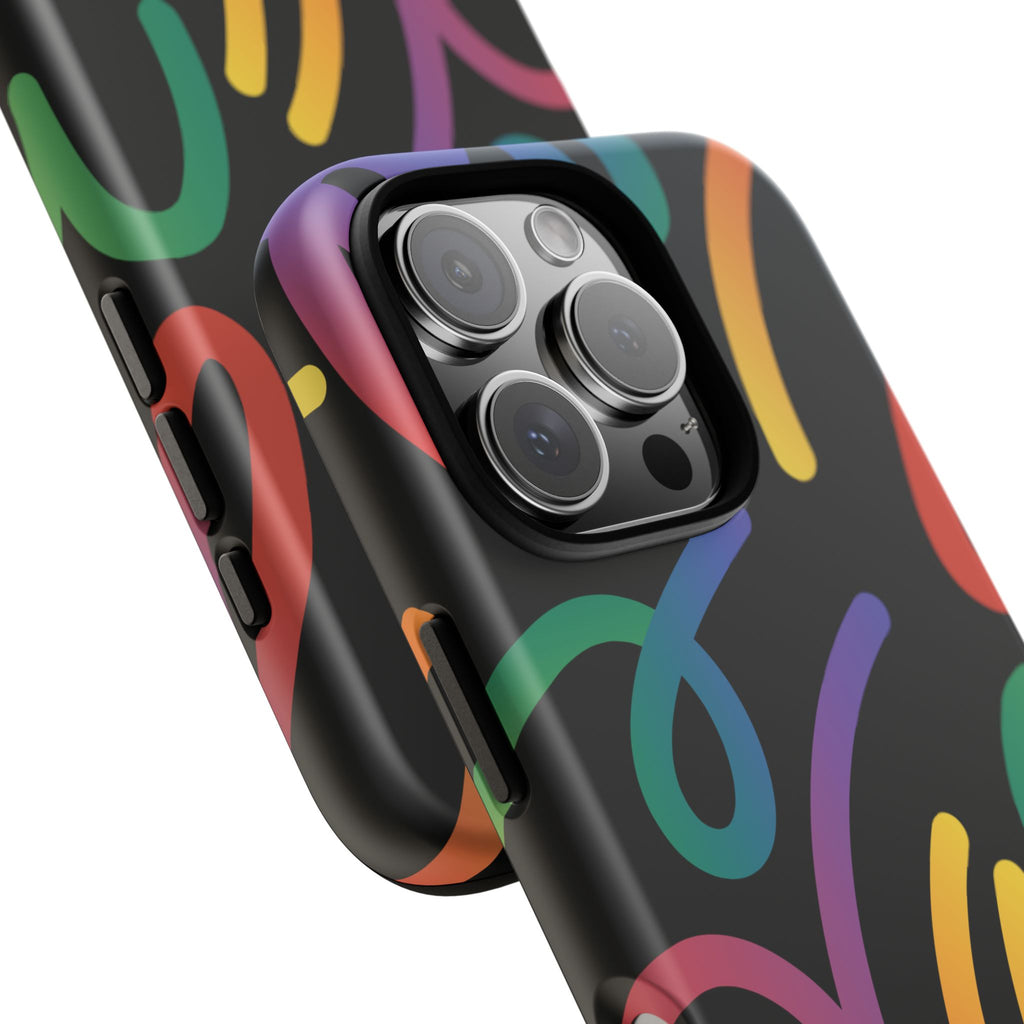 Colorful Doodle Tough Phone Case — Black Background Protective Cover