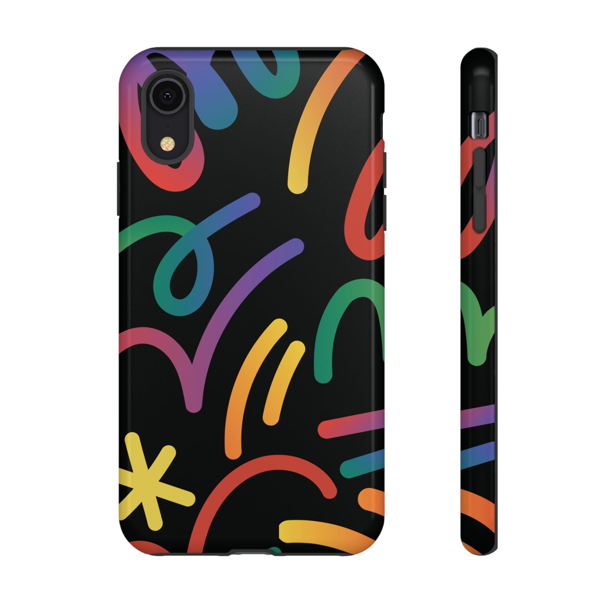 Colorful Doodle Tough Phone Case — Black Background Protective Cover