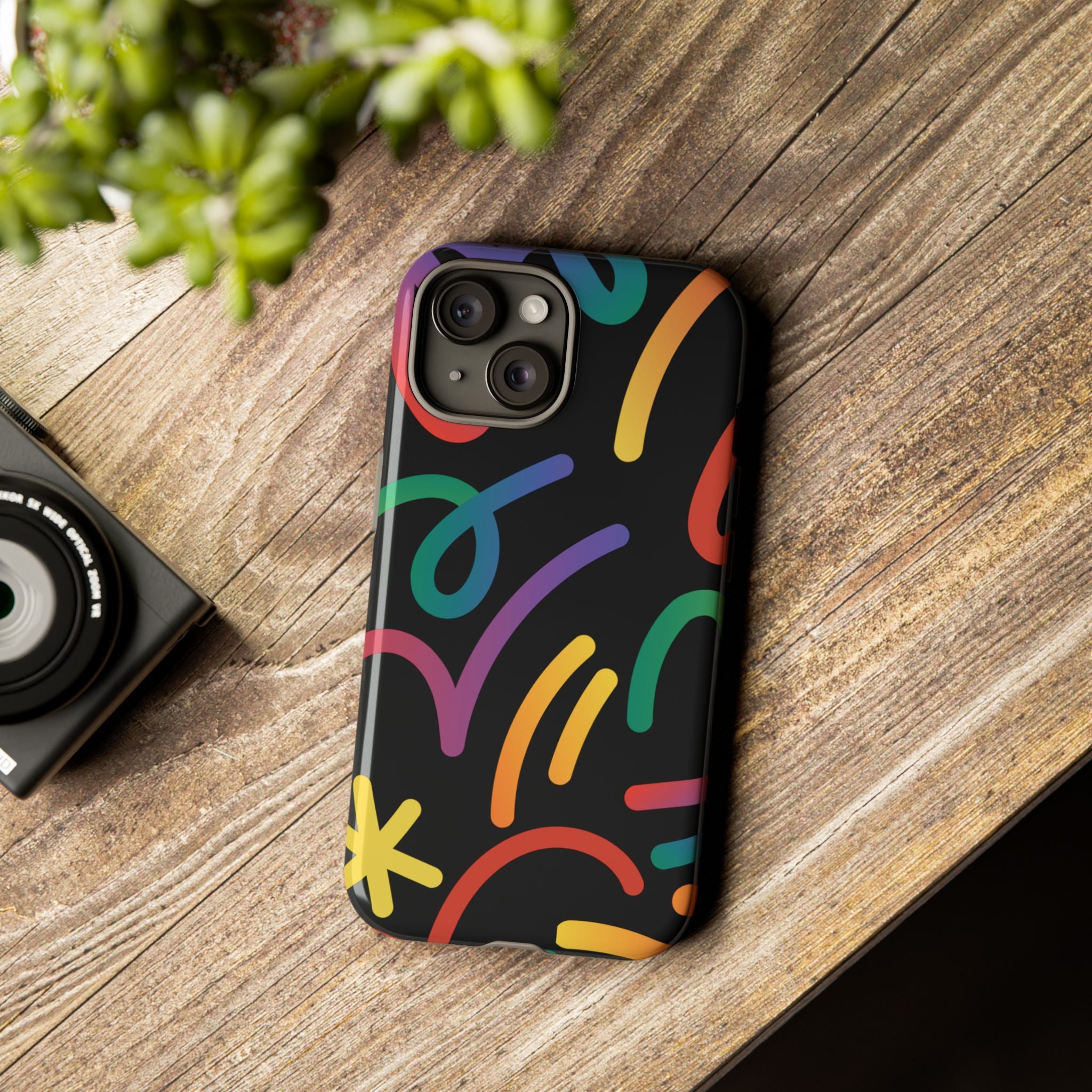 Colorful Doodle Tough Phone Case — Black Background Protective Cover