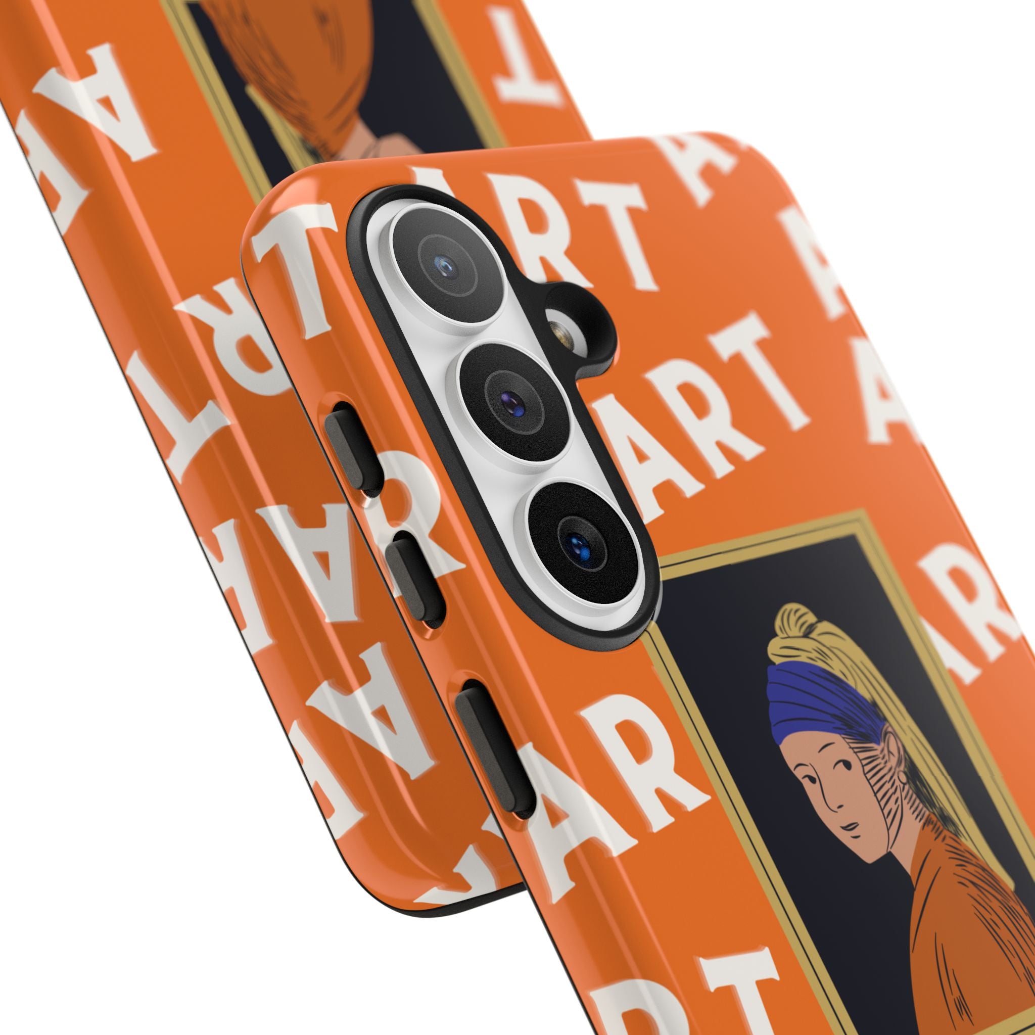 Bold Orange "ART" Pattern with Framed Girl with Pearl Earring Illustration