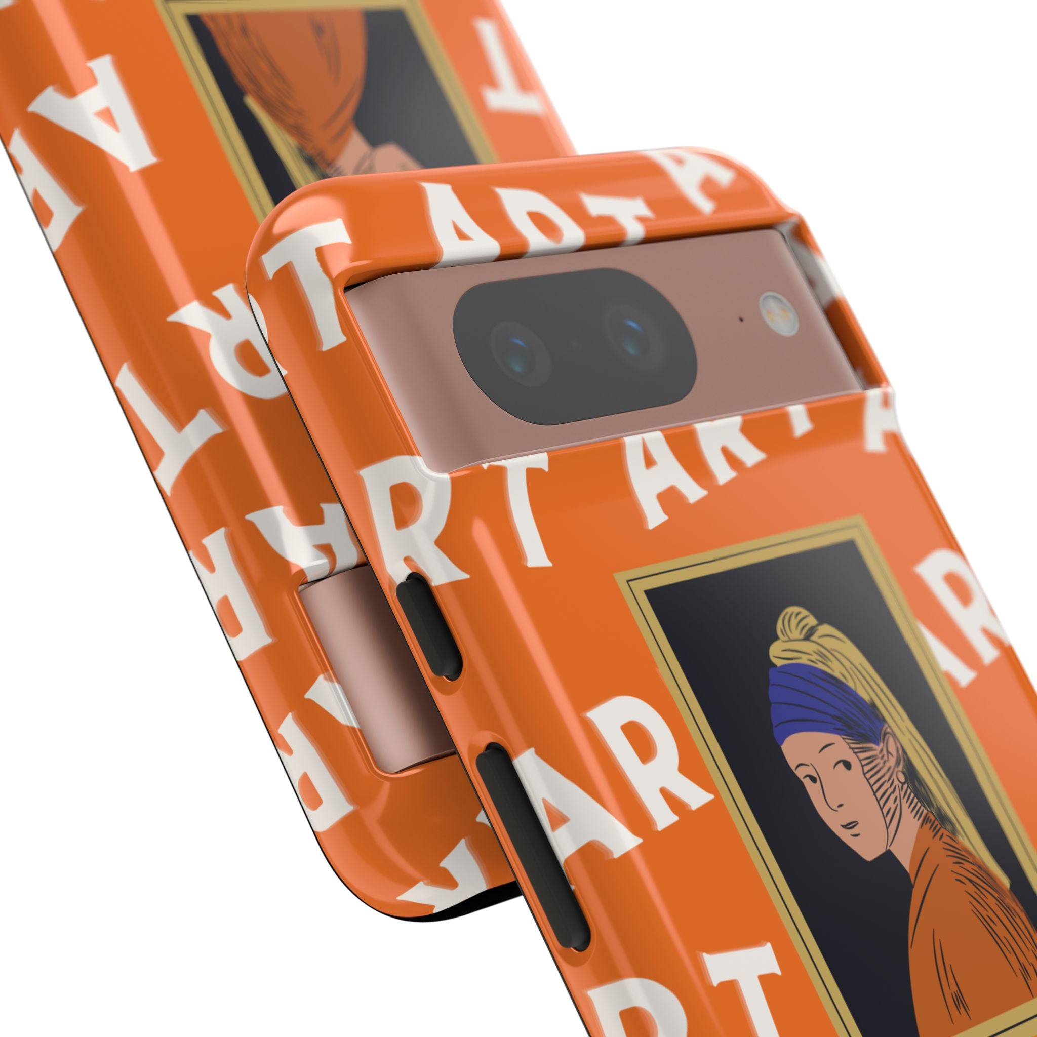 Bold Orange "ART" Pattern with Framed Girl with Pearl Earring Illustration