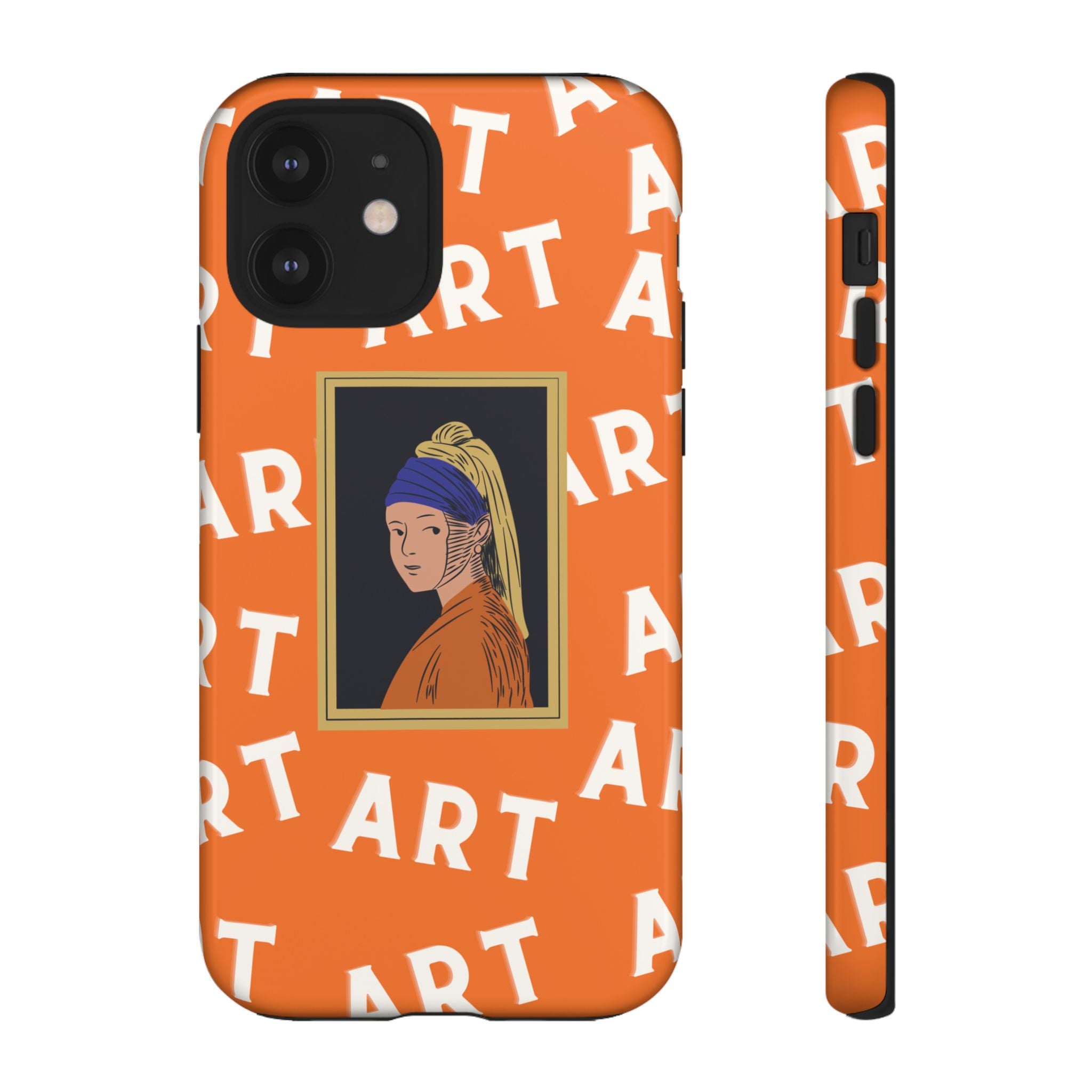 Bold Orange "ART" Pattern with Framed Girl with Pearl Earring Illustration