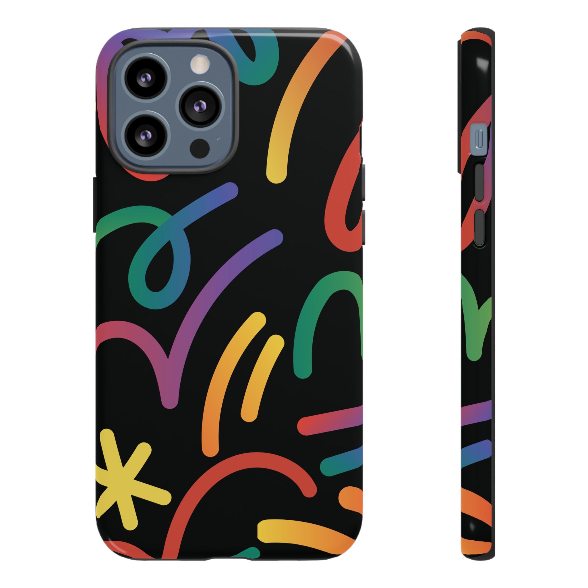 Colorful Doodle Tough Phone Case — Black Background Protective Cover