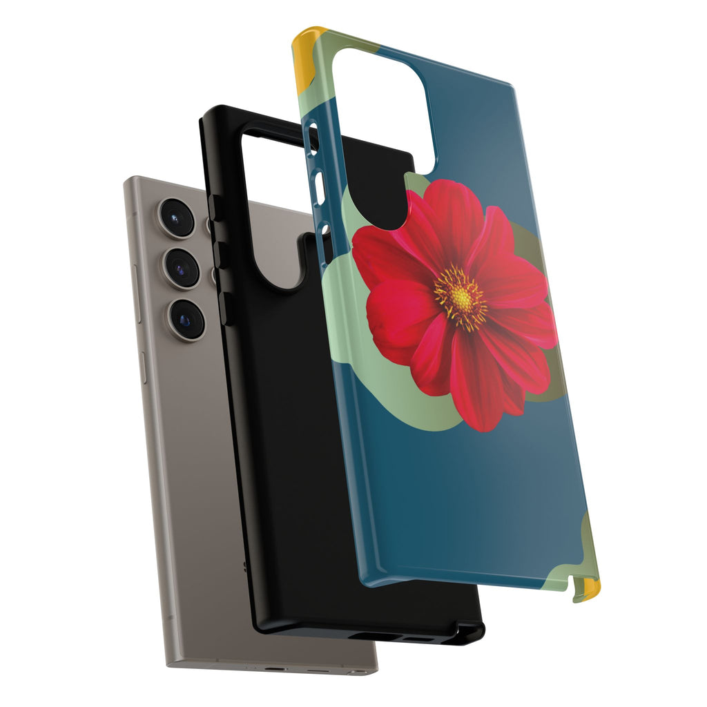 Floral Burst Tough Phone Case — Red Flower on Teal Protective Cover