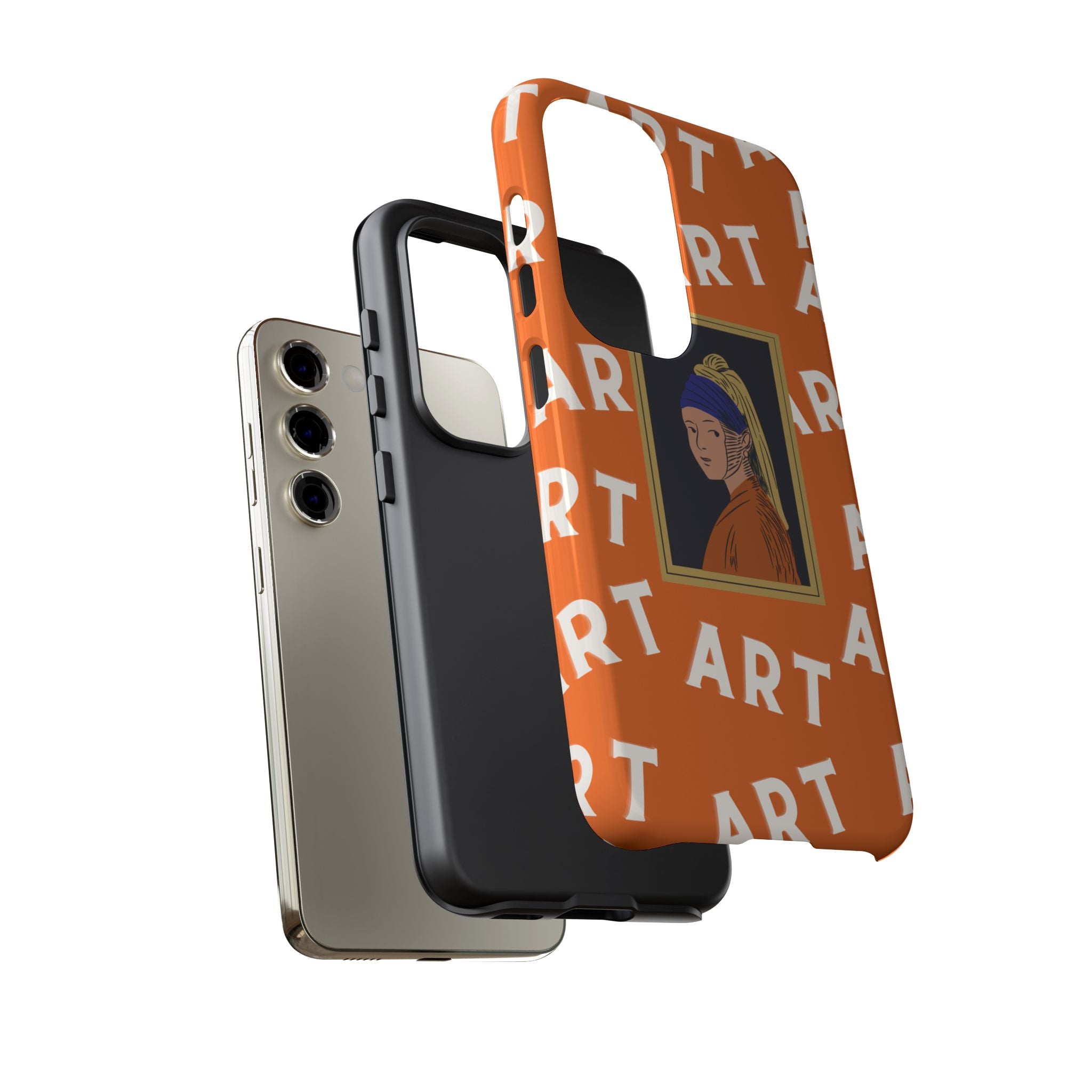 Bold Orange "ART" Pattern with Framed Girl with Pearl Earring Illustration