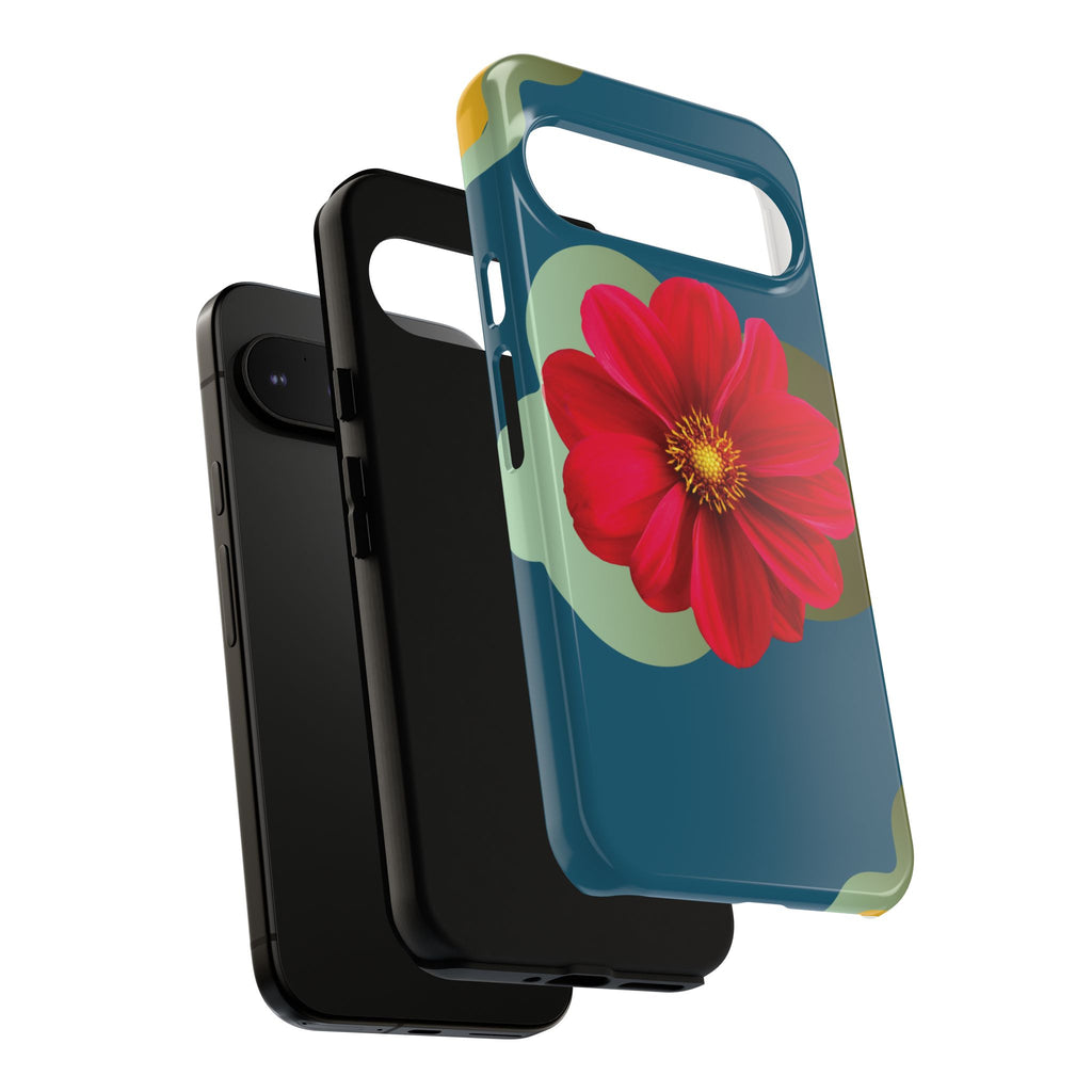 Floral Burst Tough Phone Case — Red Flower on Teal Protective Cover