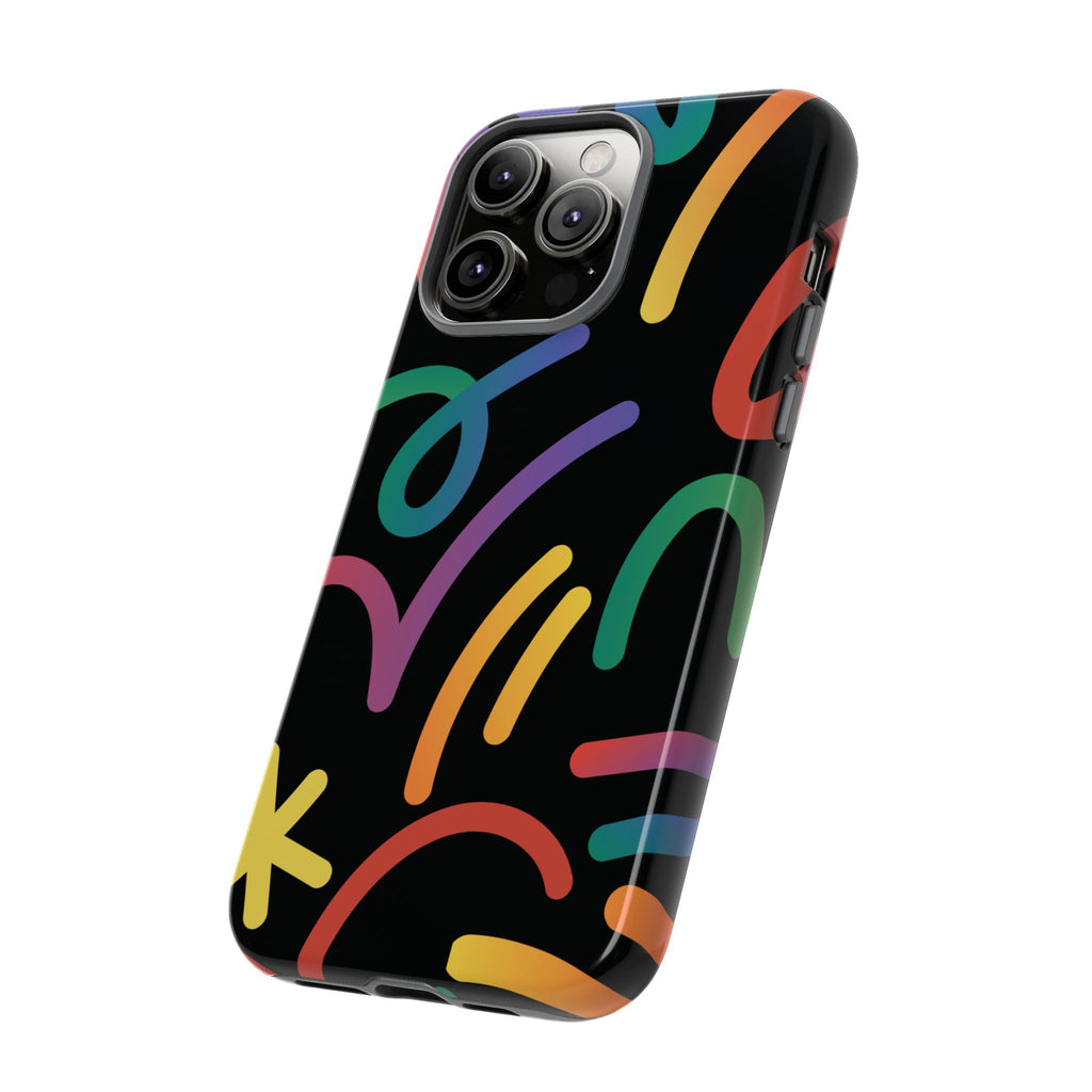 Colorful Doodle Tough Phone Case — Black Background Protective Cover