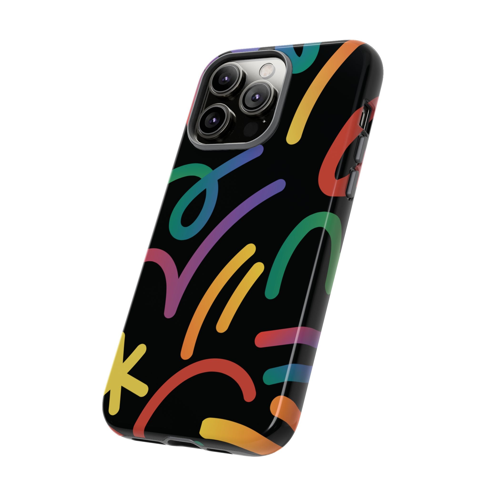 Colorful Doodle Tough Phone Case — Black Background Protective Cover