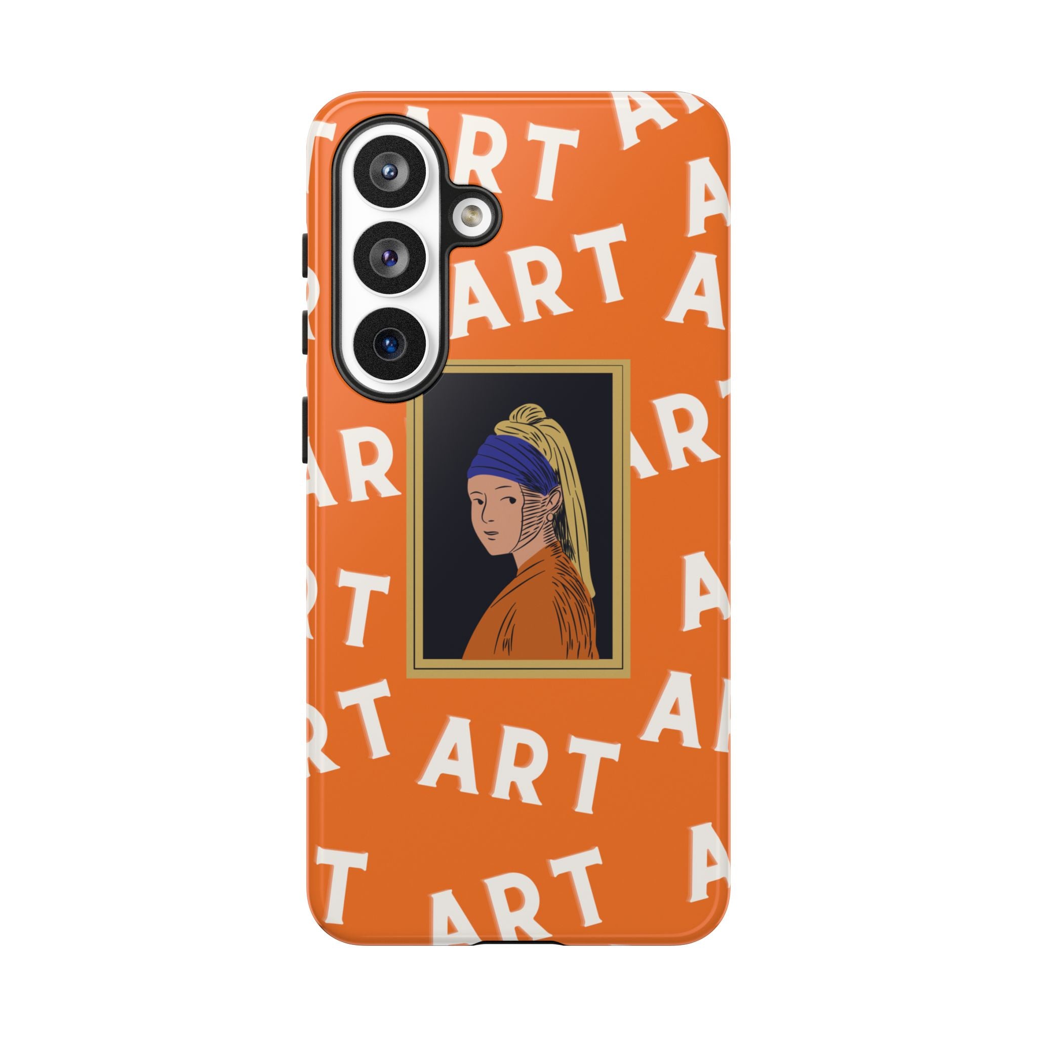 Bold Orange "ART" Pattern with Framed Girl with Pearl Earring Illustration