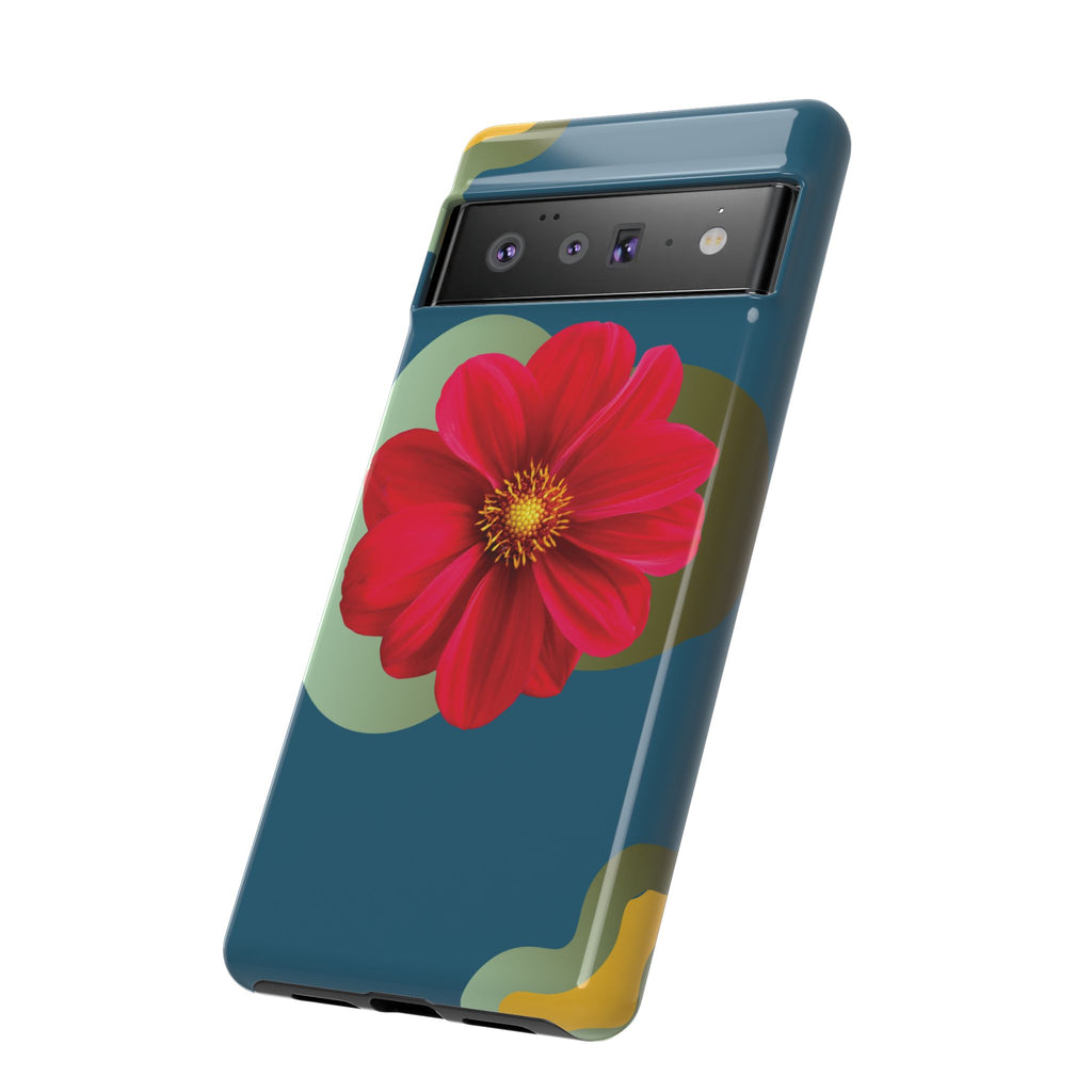 Floral Burst Tough Phone Case — Red Flower on Teal Protective Cover