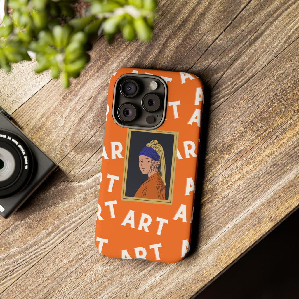 Bold Orange "ART" Pattern with Framed Girl with Pearl Earring Illustration