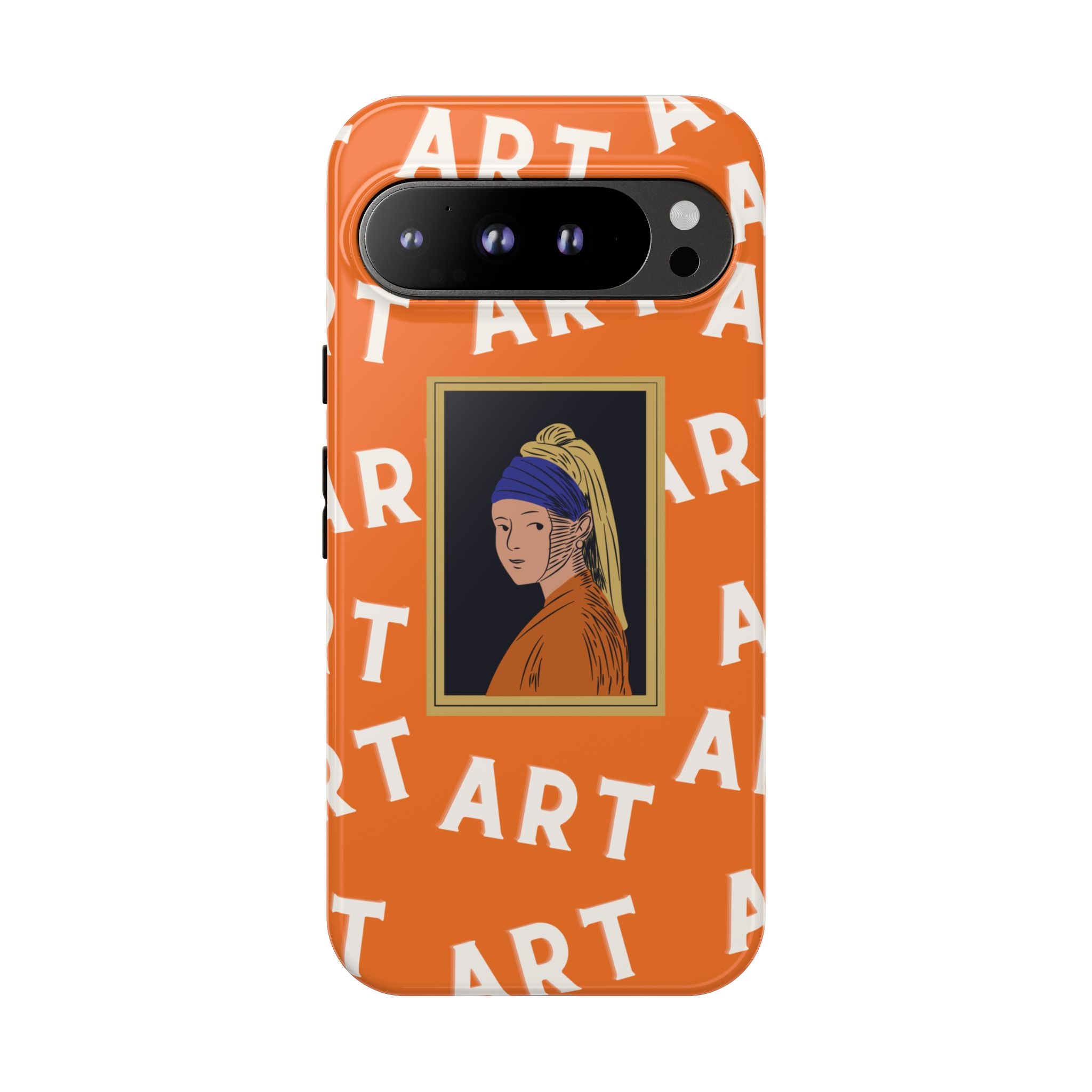 Bold Orange "ART" Pattern with Framed Girl with Pearl Earring Illustration
