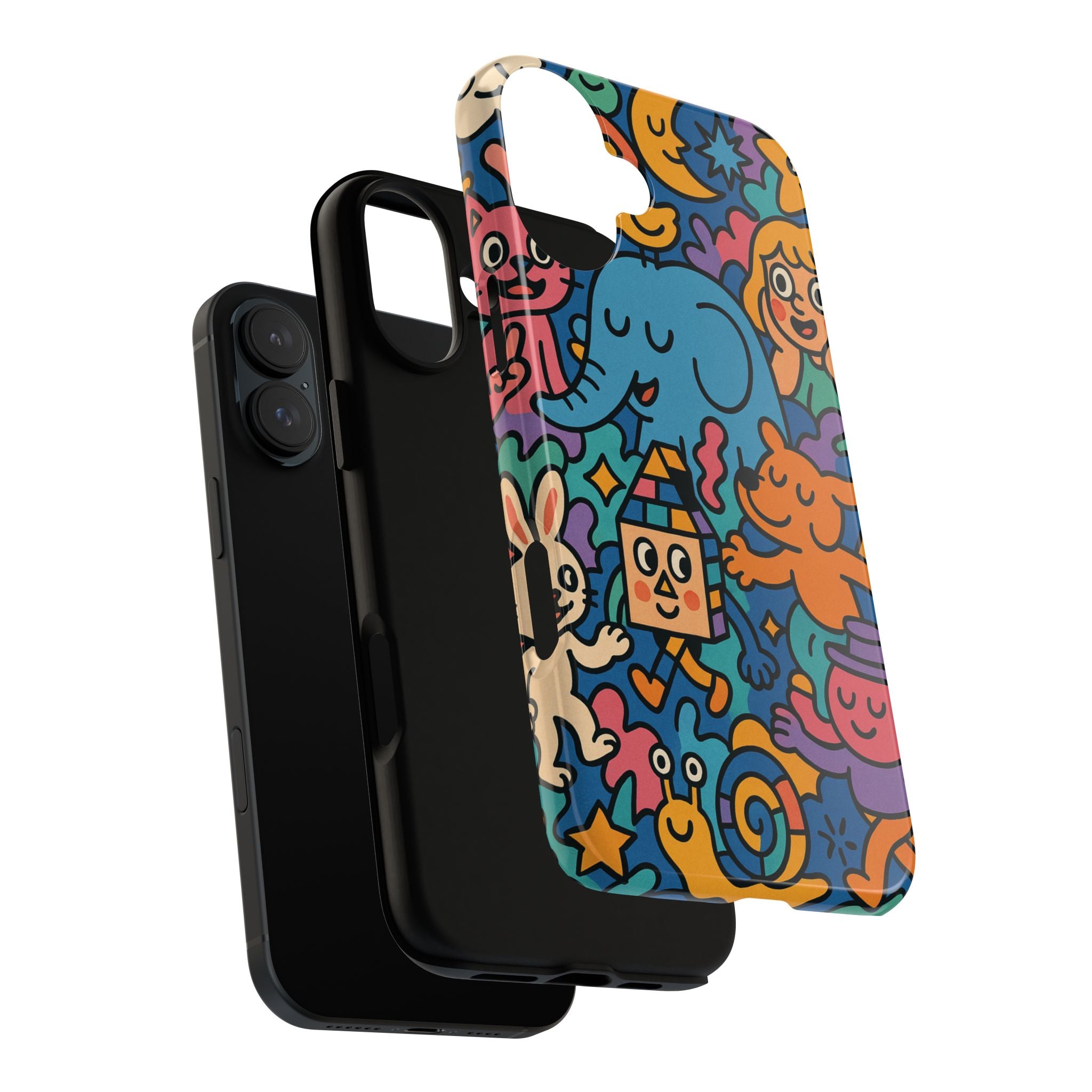 Colorful Doodle Phone Case — Cute Cartoon Animals & Characters