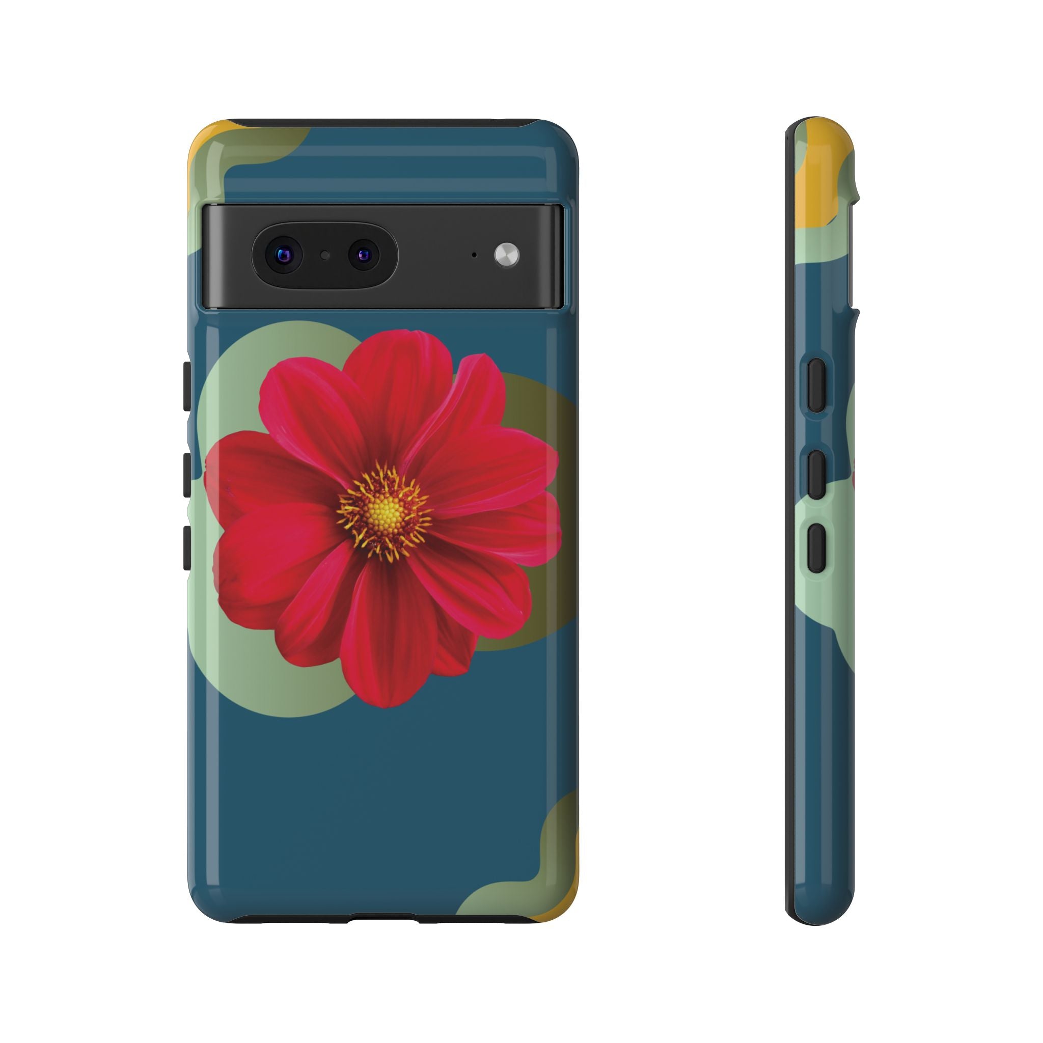 Floral Burst Tough Phone Case — Red Flower on Teal Protective Cover
