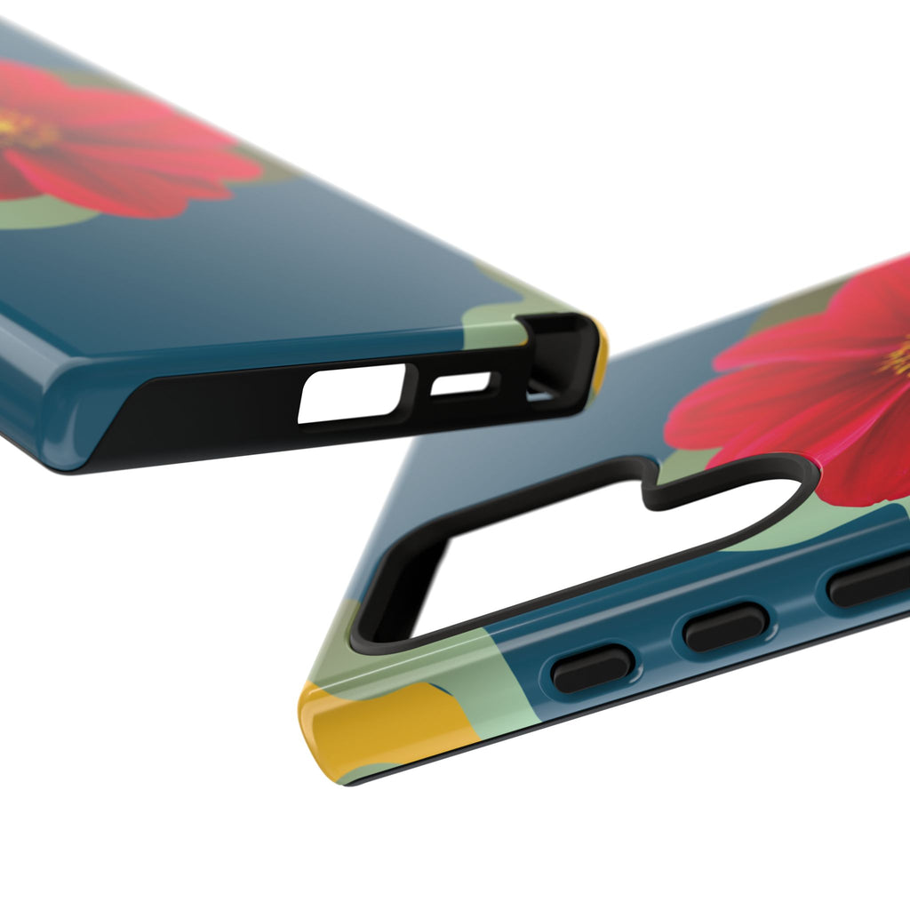 Floral Burst Tough Phone Case — Red Flower on Teal Protective Cover