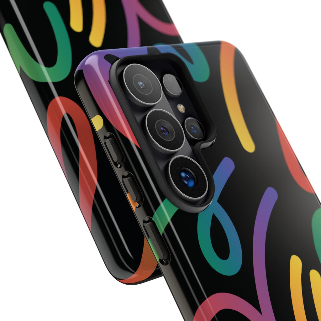Colorful Doodle Tough Phone Case — Black Background Protective Cover