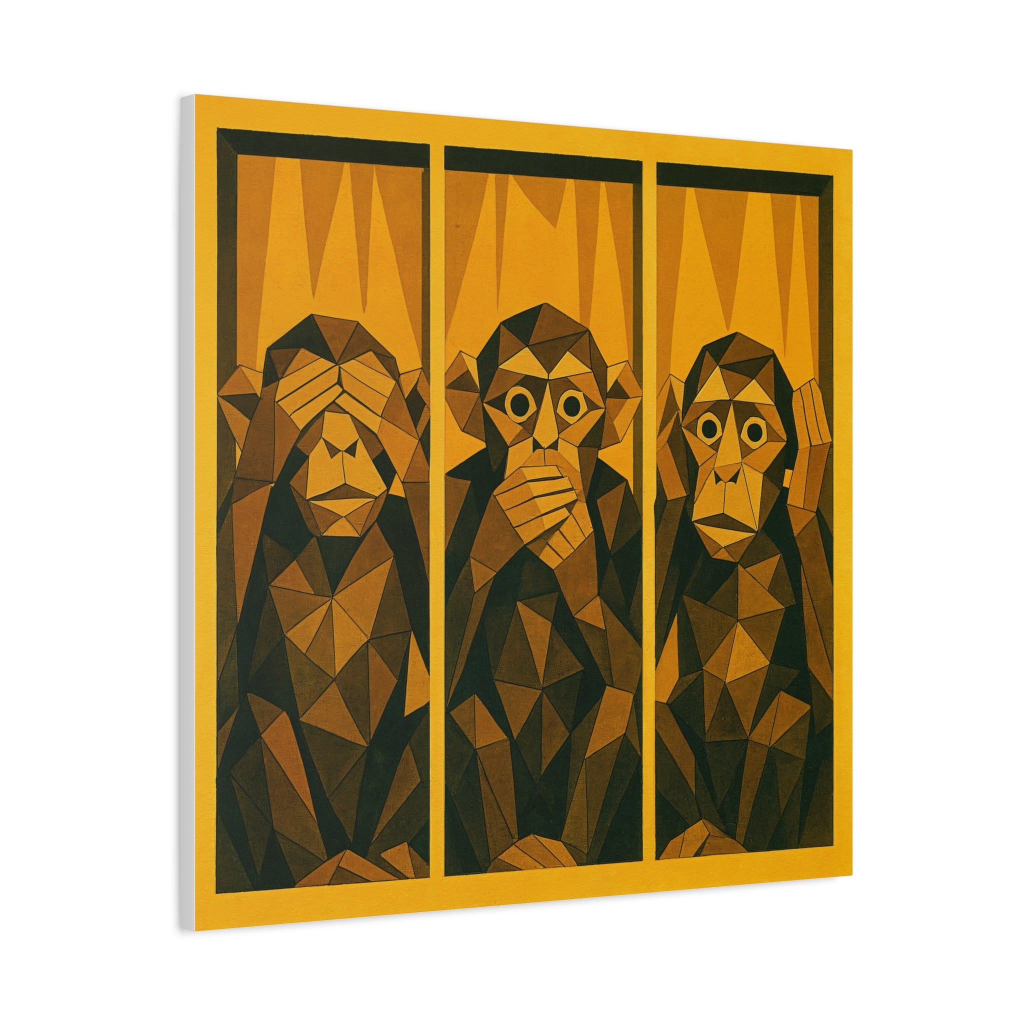 Three Wise Monkeys Matte Canvas Wall Art – Geometric Trio Stretched Print