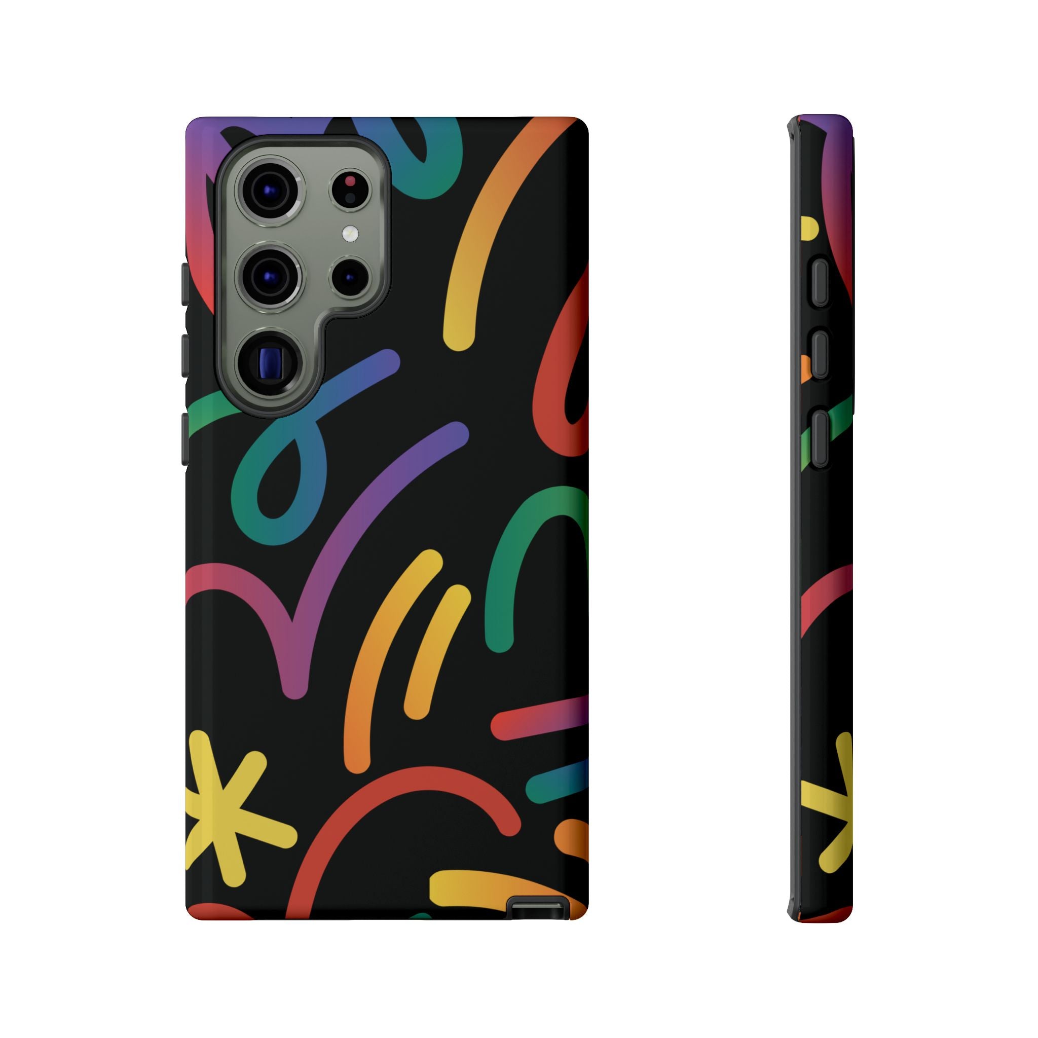 Colorful Doodle Tough Phone Case — Black Background Protective Cover