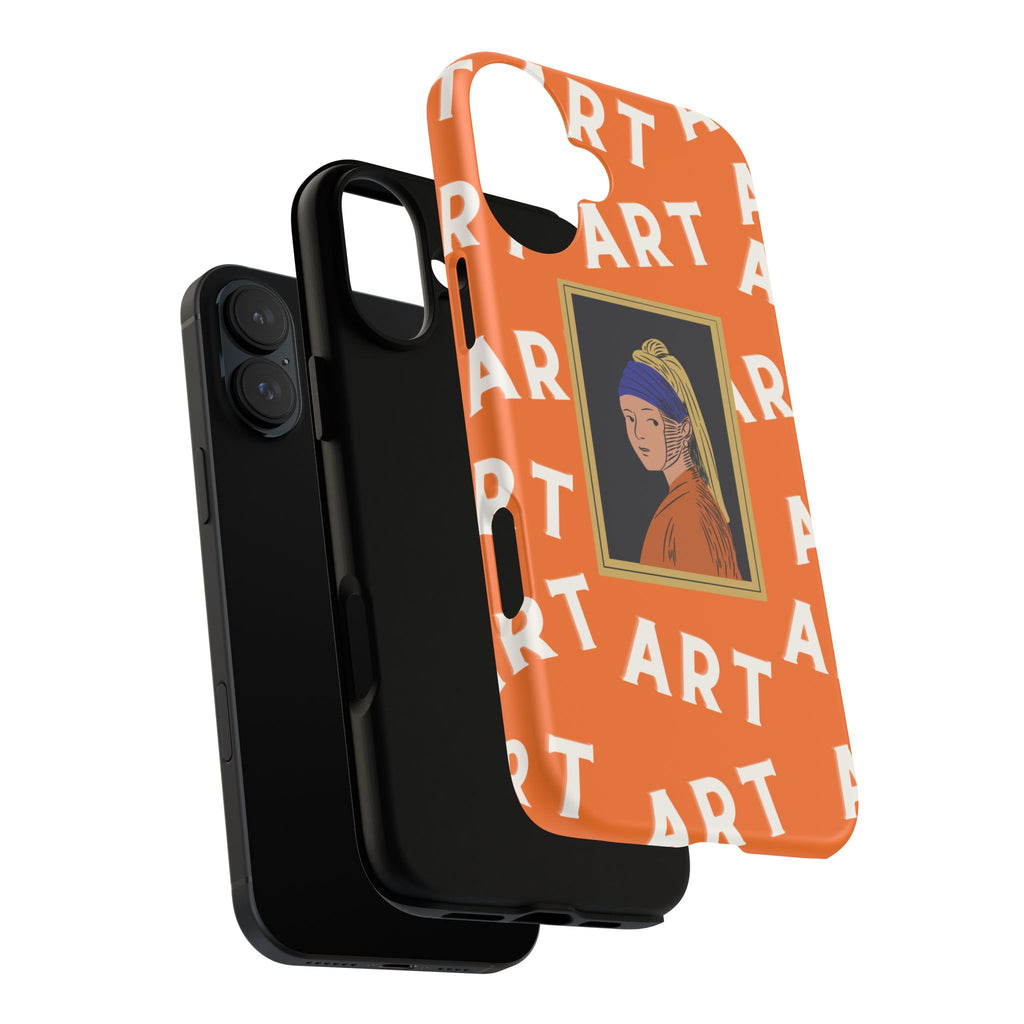 Bold Orange "ART" Pattern with Framed Girl with Pearl Earring Illustration