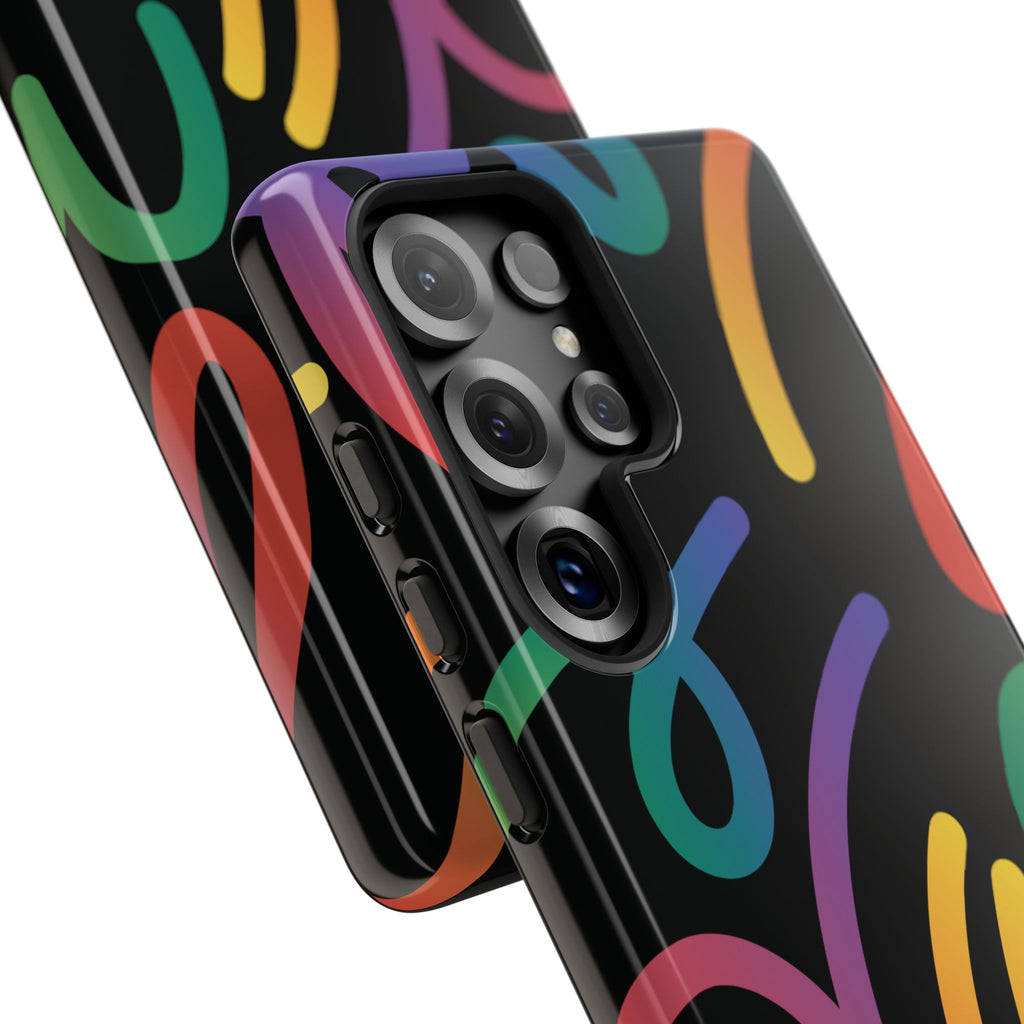 Colorful Doodle Tough Phone Case — Black Background Protective Cover