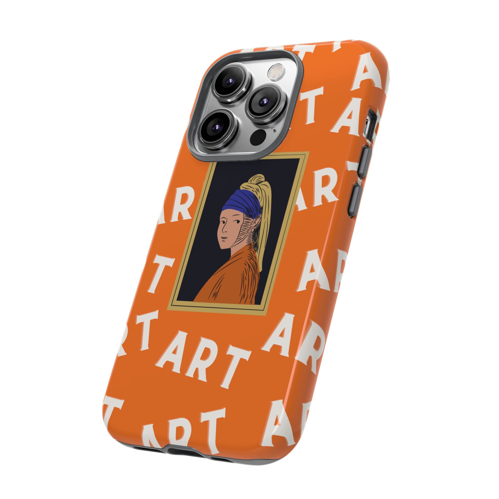 Bold Orange "ART" Pattern with Framed Girl with Pearl Earring Illustration