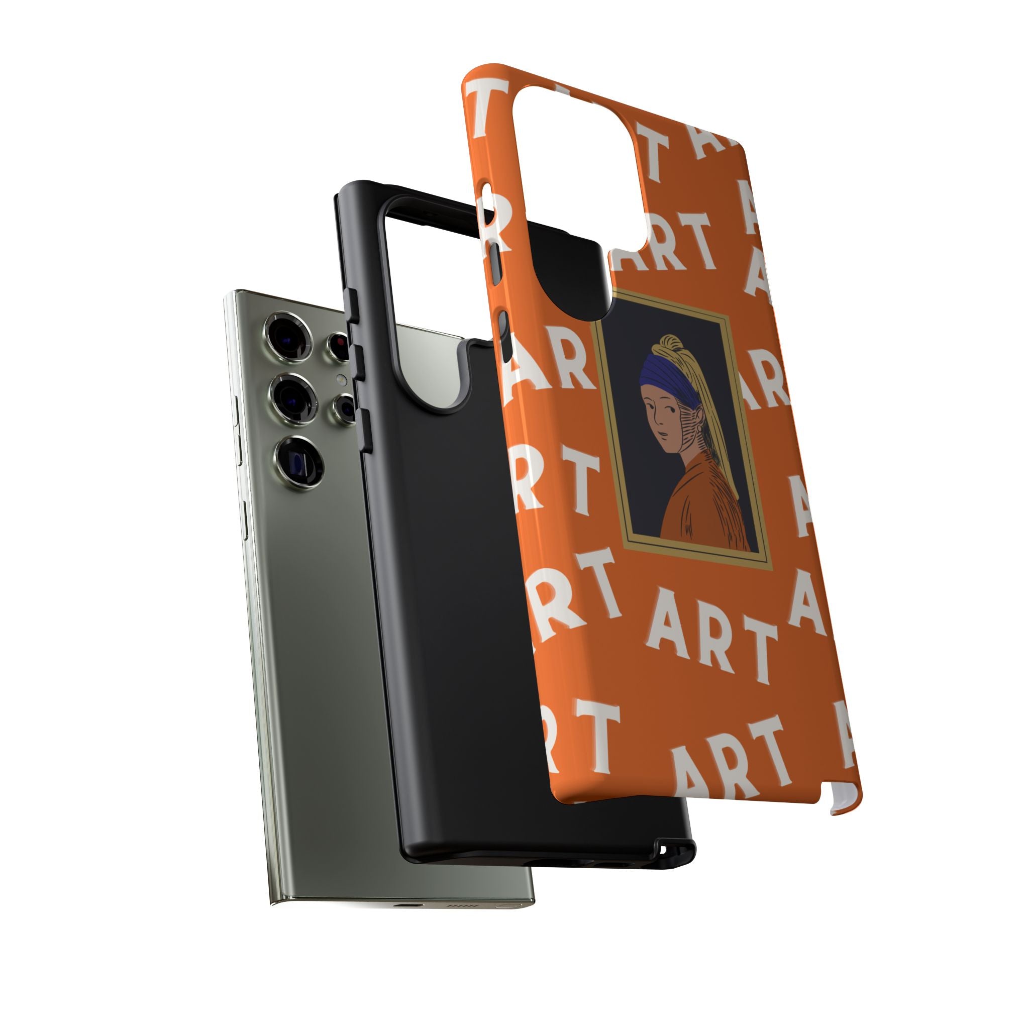 Bold Orange "ART" Pattern with Framed Girl with Pearl Earring Illustration