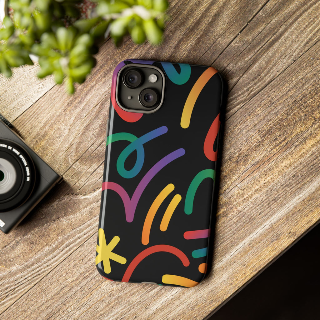 Colorful Doodle Tough Phone Case — Black Background Protective Cover