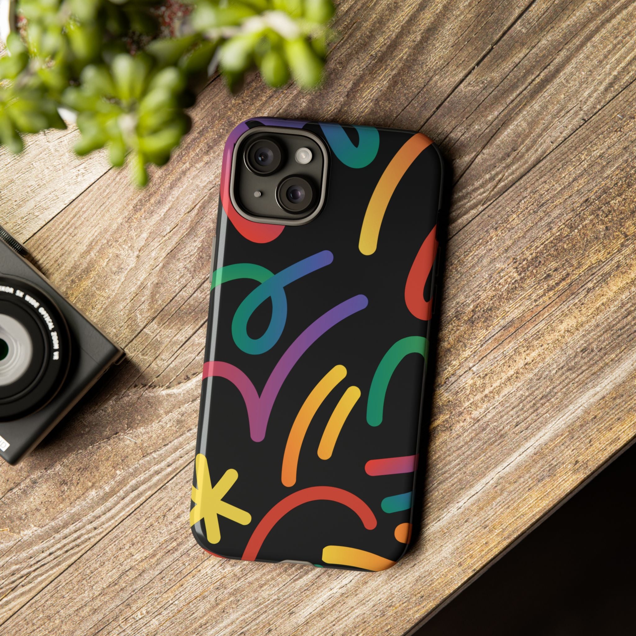 Colorful Doodle Tough Phone Case — Black Background Protective Cover