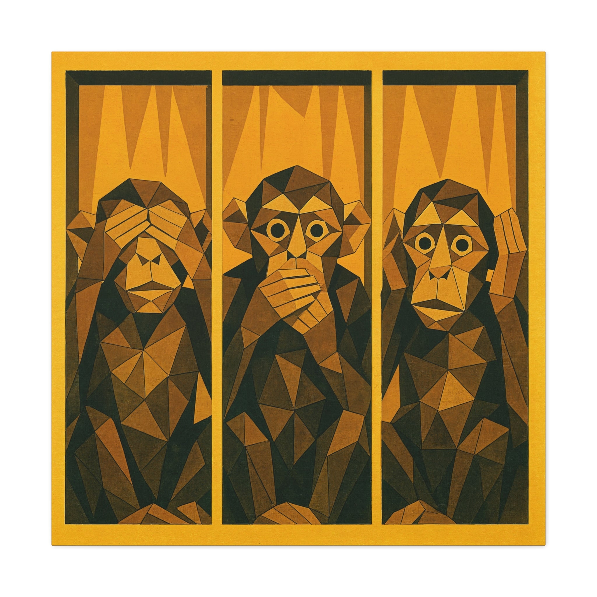 Three Wise Monkeys Matte Canvas Wall Art – Geometric Trio Stretched Print