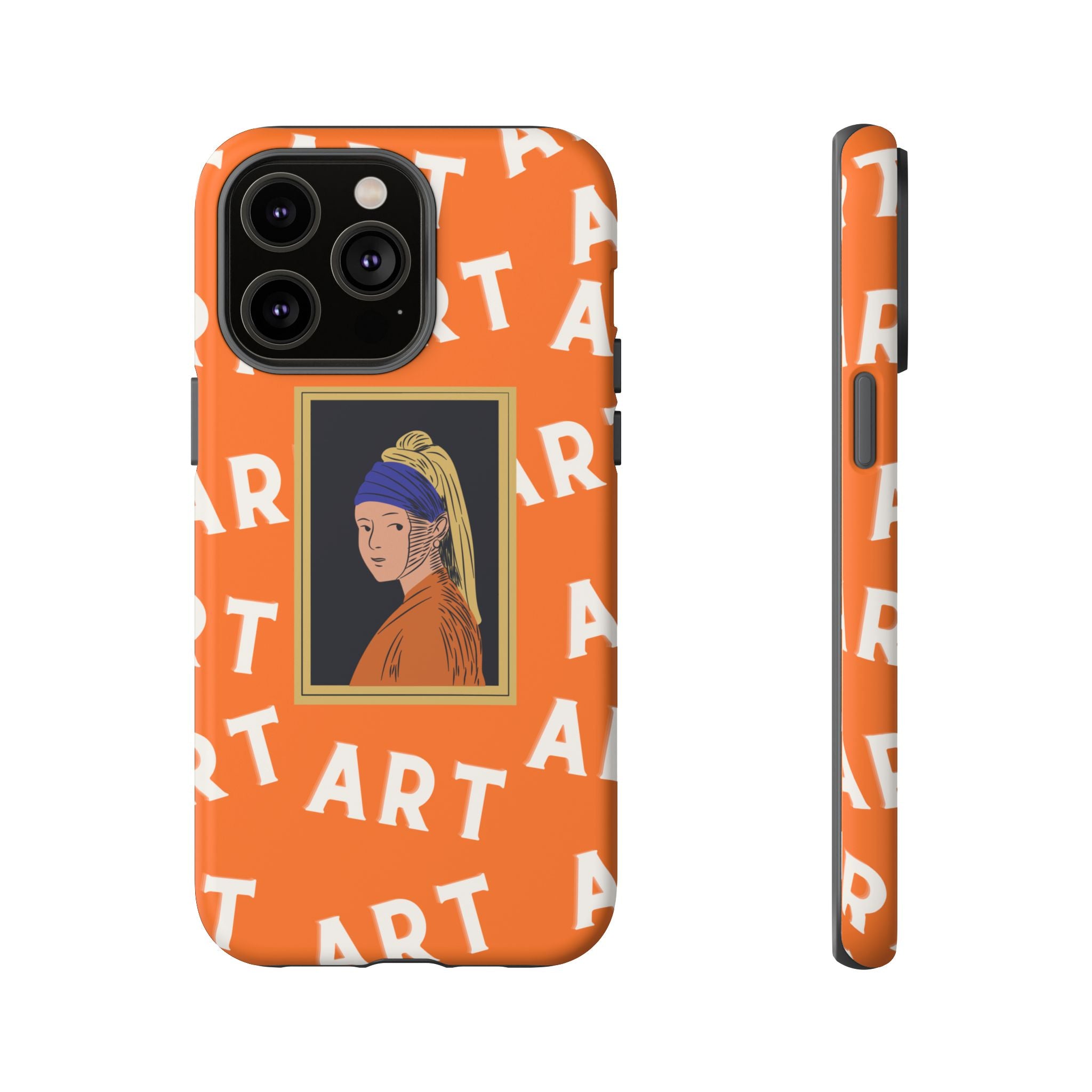 Bold Orange "ART" Pattern with Framed Girl with Pearl Earring Illustration