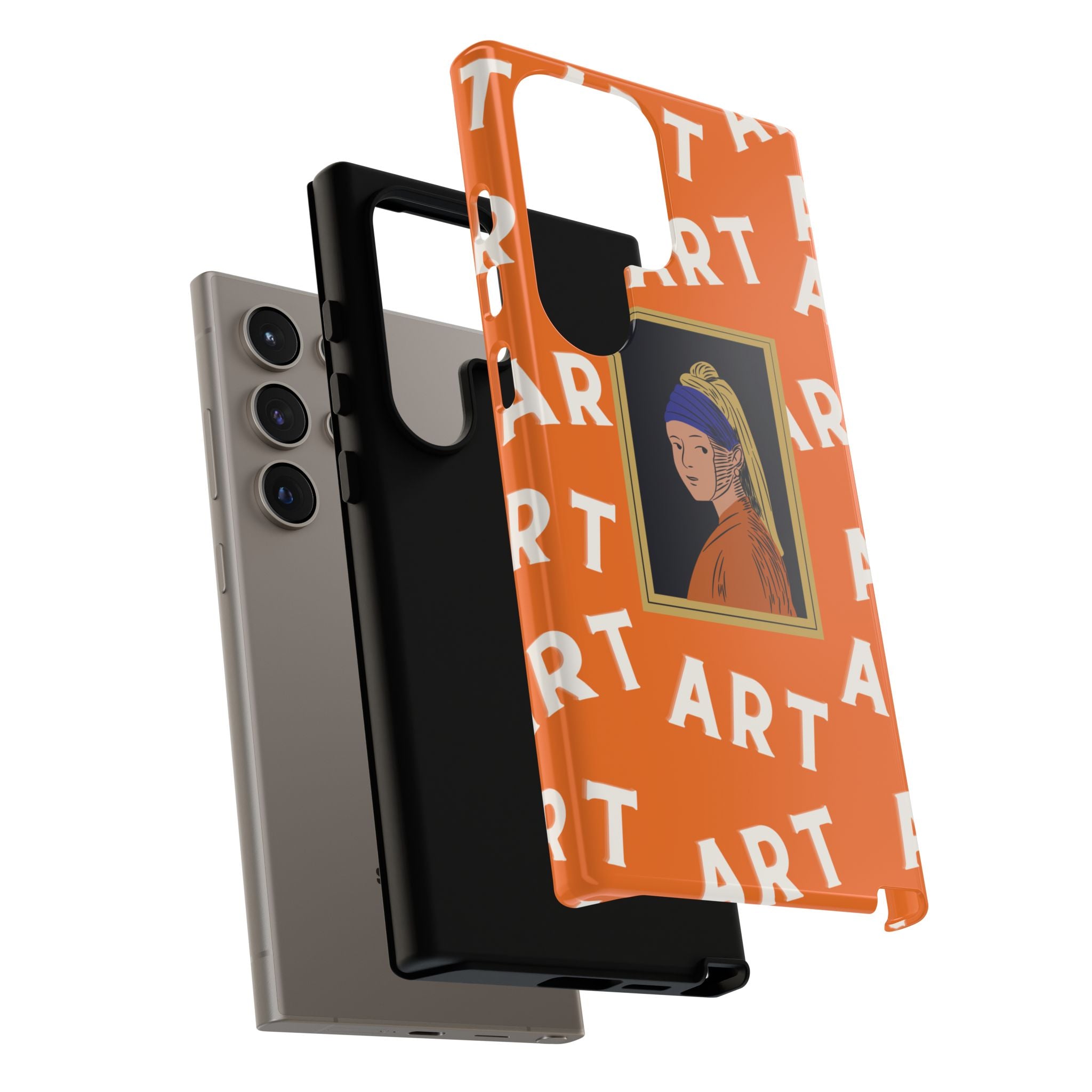 Bold Orange "ART" Pattern with Framed Girl with Pearl Earring Illustration