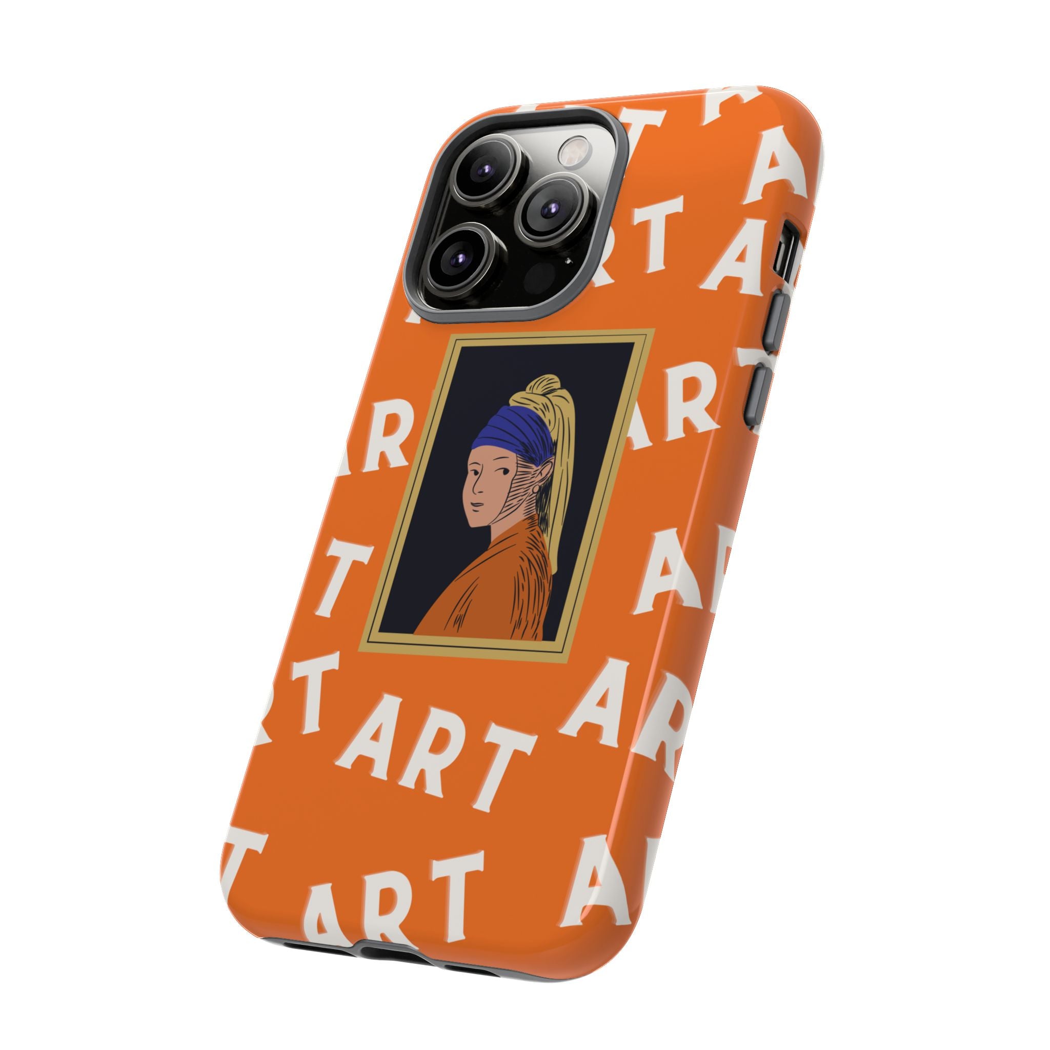 Bold Orange "ART" Pattern with Framed Girl with Pearl Earring Illustration