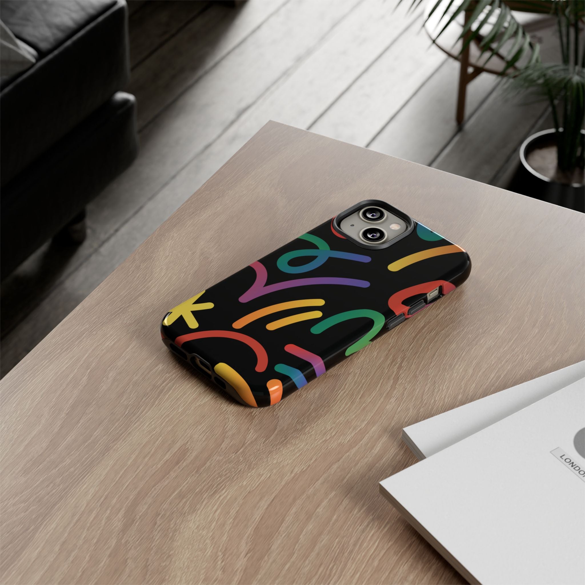 Colorful Doodle Tough Phone Case — Black Background Protective Cover