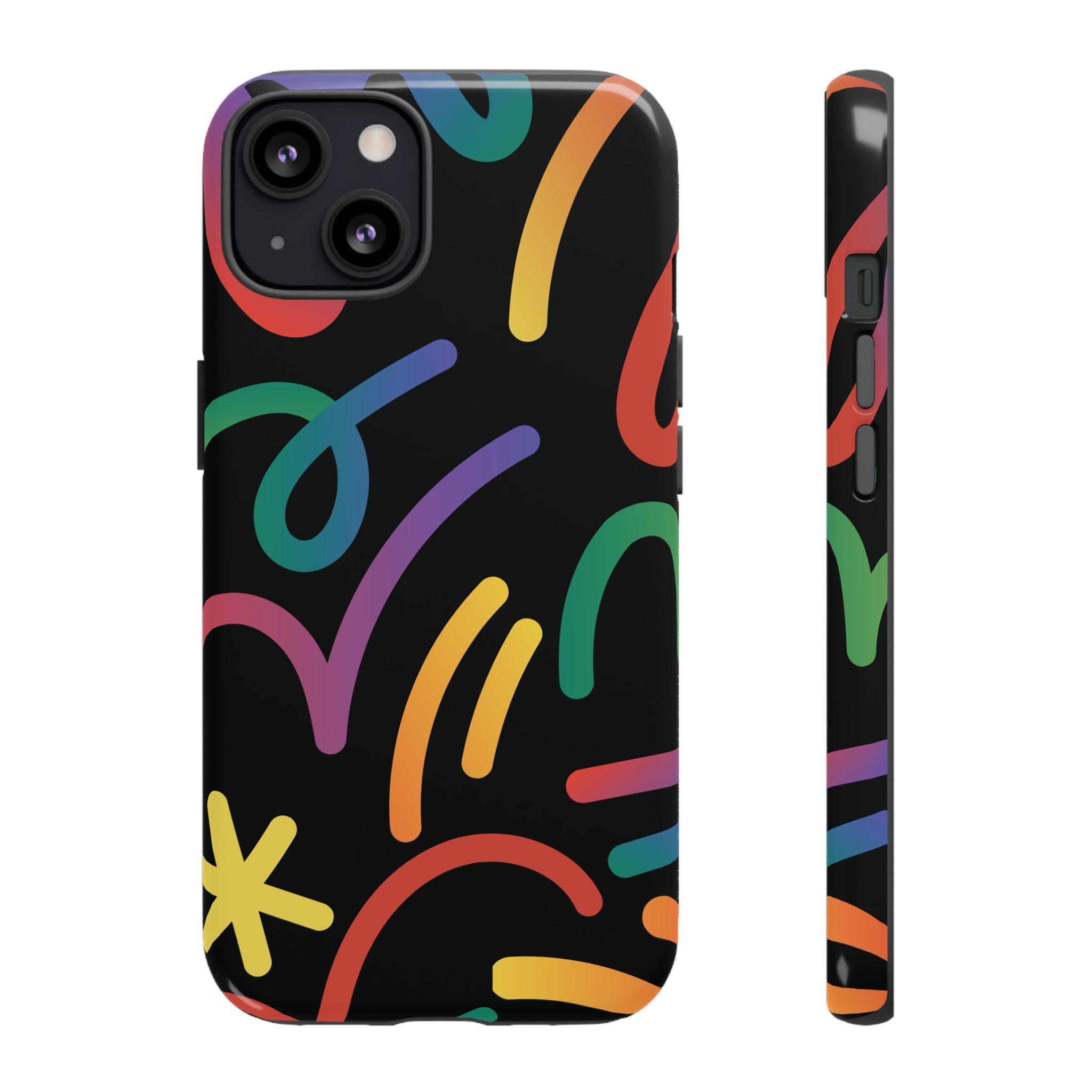 Colorful Doodle Tough Phone Case — Black Background Protective Cover