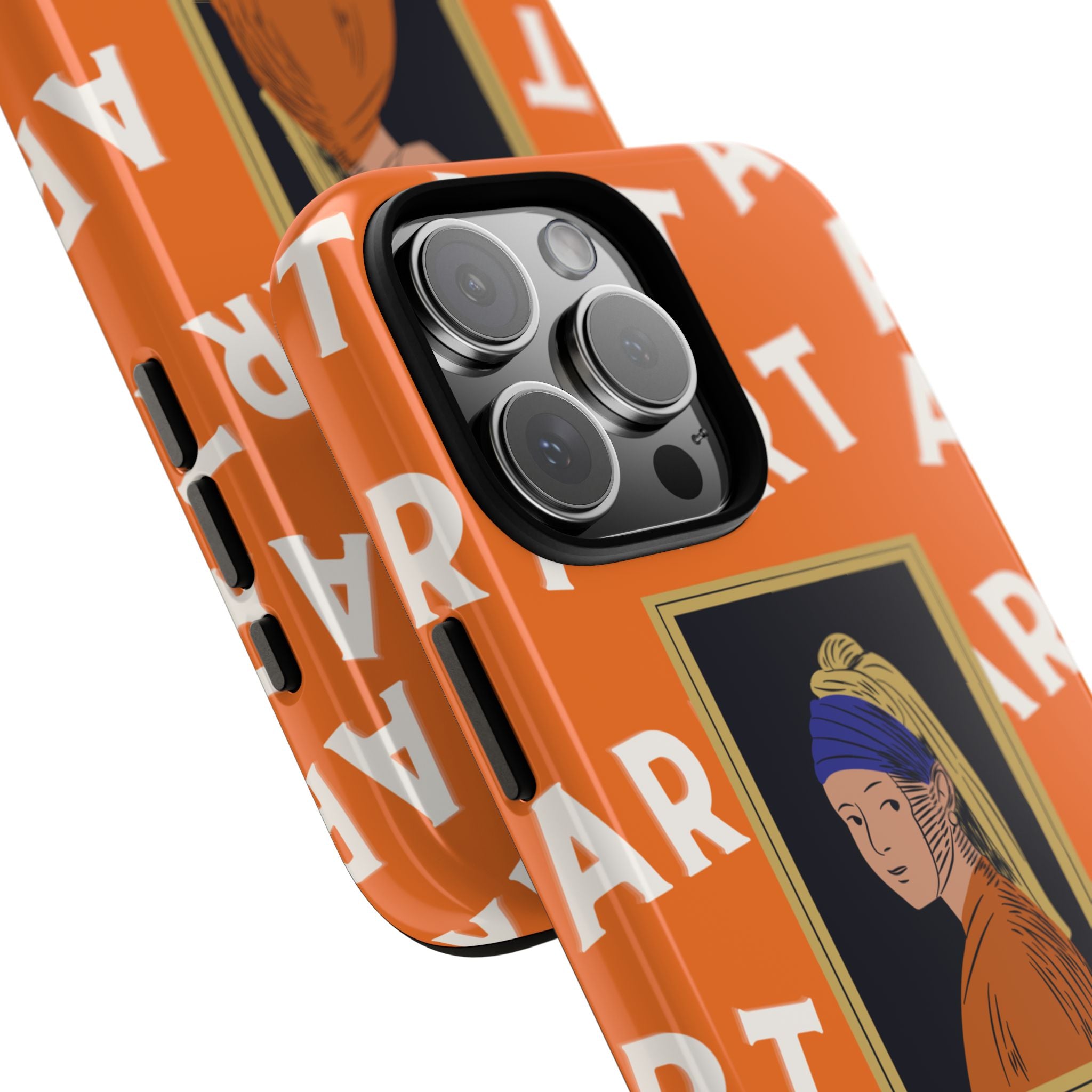 Bold Orange "ART" Pattern with Framed Girl with Pearl Earring Illustration